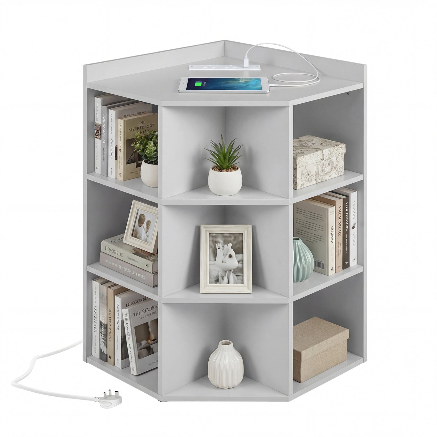 3-Tier Corner Cabinet with Charging Station and 9 Cubbies-Light Grey