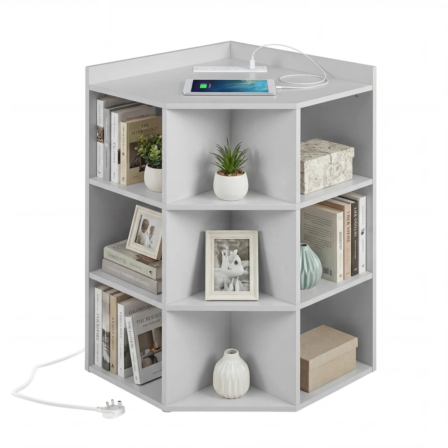 3-Tier Corner Cabinet with Charging Station and 9 Cubbies-Grey