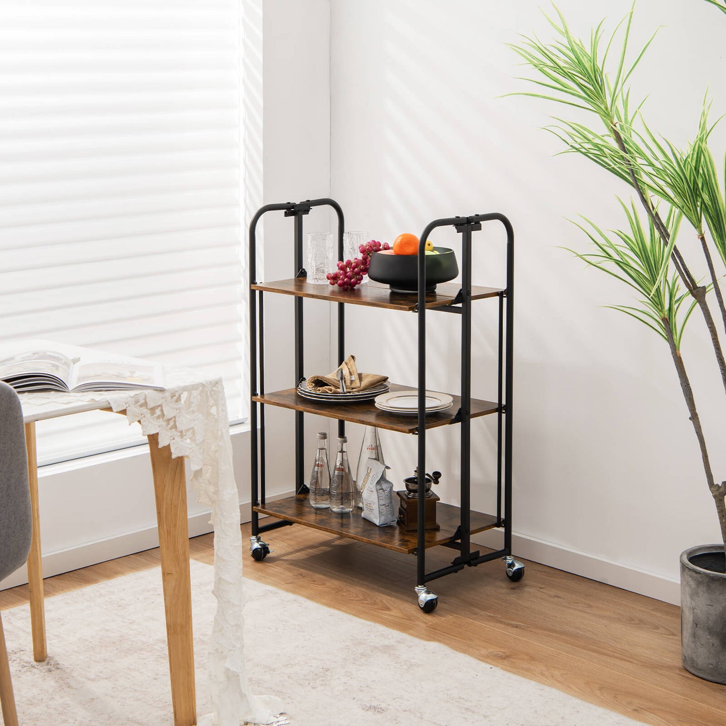 2-Tier Folding Kitchen Island Cart with Metal Frame