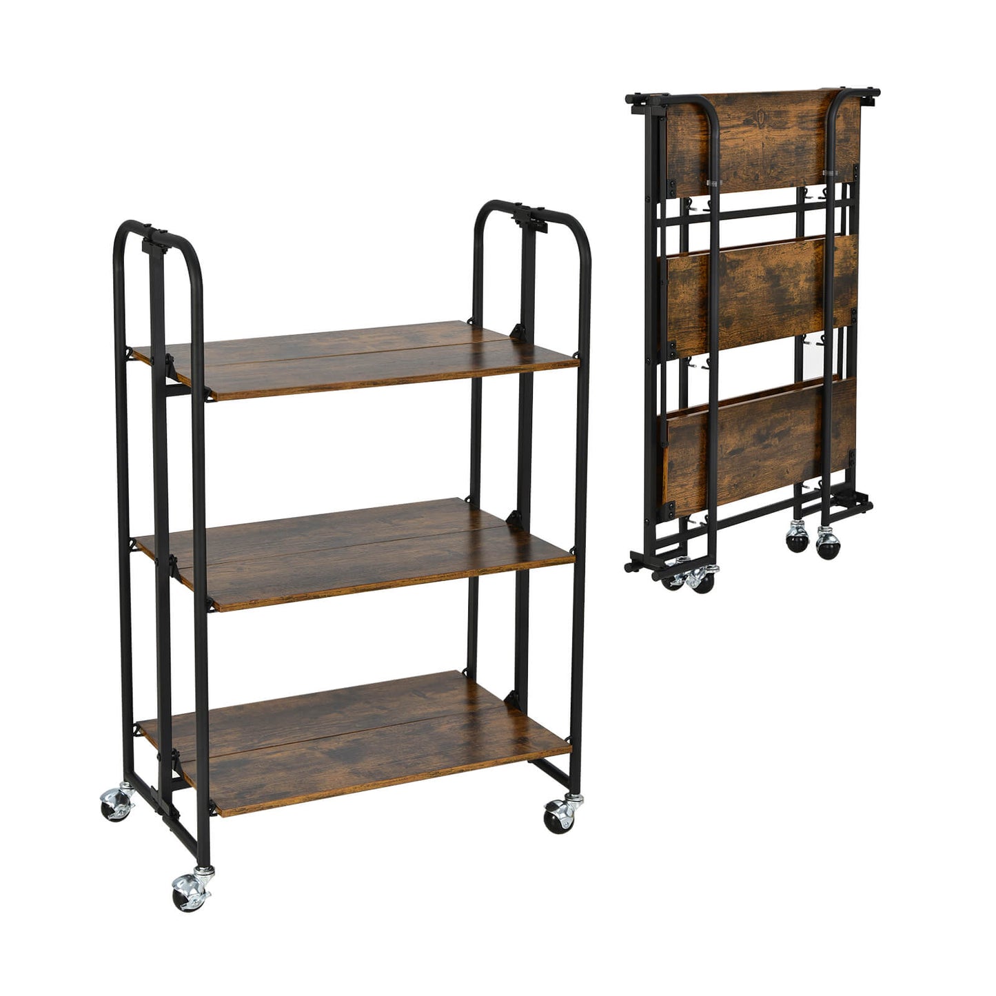 2-Tier Folding Kitchen Island Cart with Metal Frame