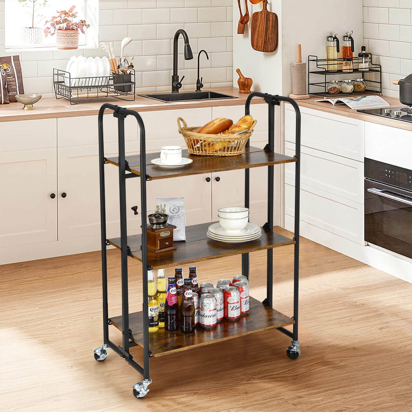 2-Tier Folding Kitchen Island Cart with Metal Frame