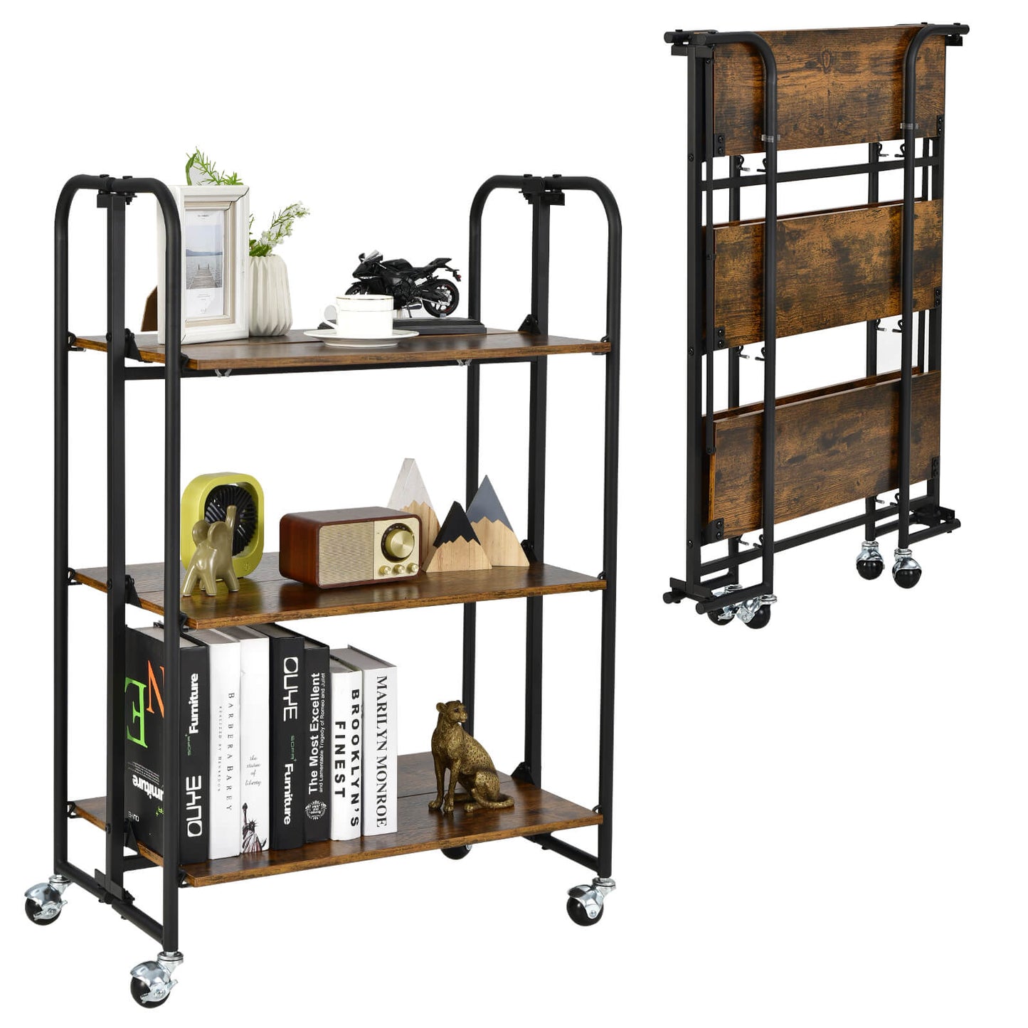 2-Tier Folding Kitchen Island Cart with Metal Frame