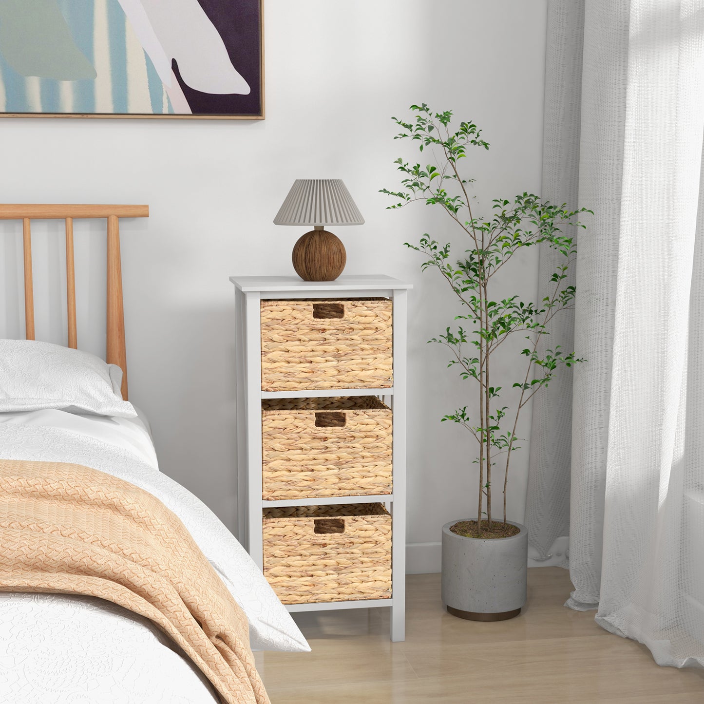 Sofa Side Table with Seagrass Baskets and Rubber Wood X-Shaped Frames and Acacia Wood Legs-Rustic Brown-2-Tier