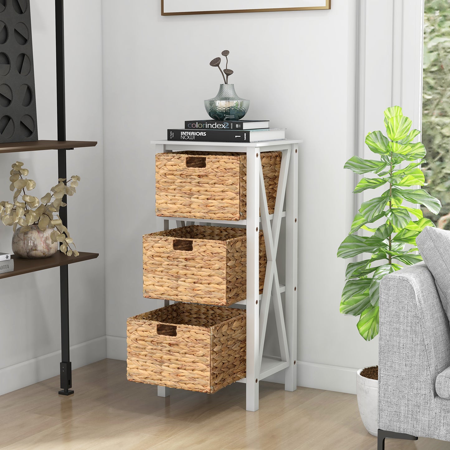 Sofa Side Table with Seagrass Baskets and Rubber Wood X-Shaped Frames and Acacia Wood Legs-Rustic Brown-2-Tier