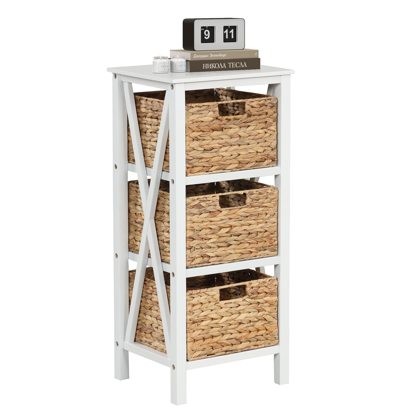 Sofa Side Table with Seagrass Baskets and Rubber Wood X-Shaped Frames and Acacia Wood Legs-Rustic Brown-2-Tier