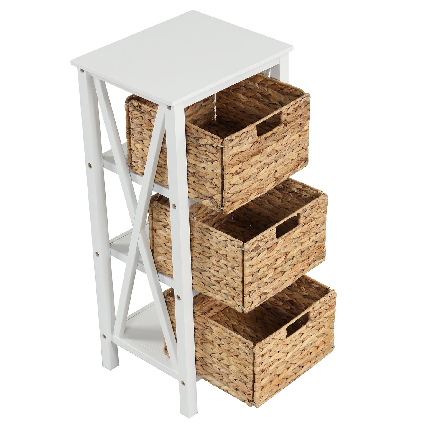 Sofa Side Table with Seagrass Baskets and Rubber Wood X-Shaped Frames and Acacia Wood Legs-Rustic Brown-2-Tier