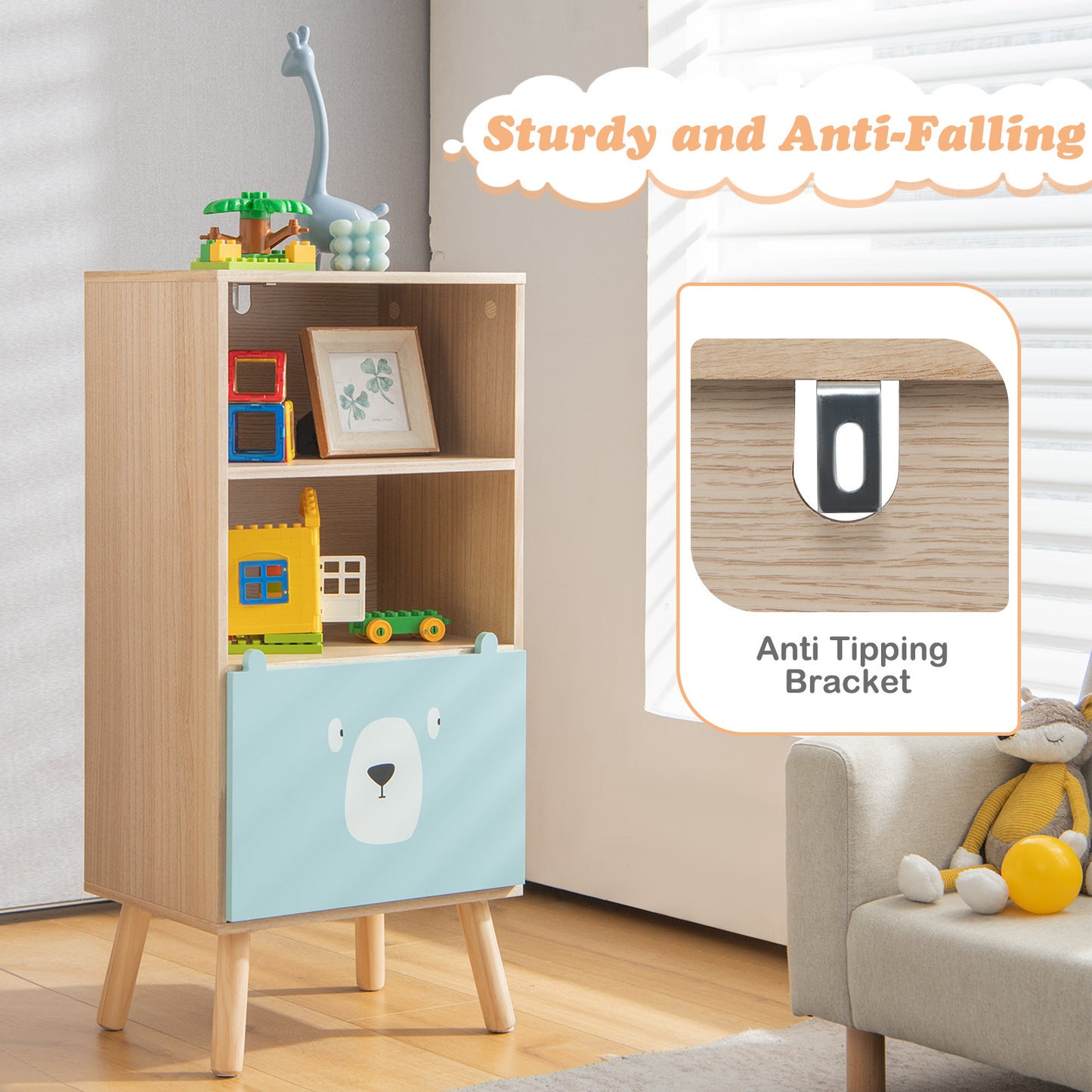 3-Tier Wood Kids Storage Shelf with Storage Drawer-Natural