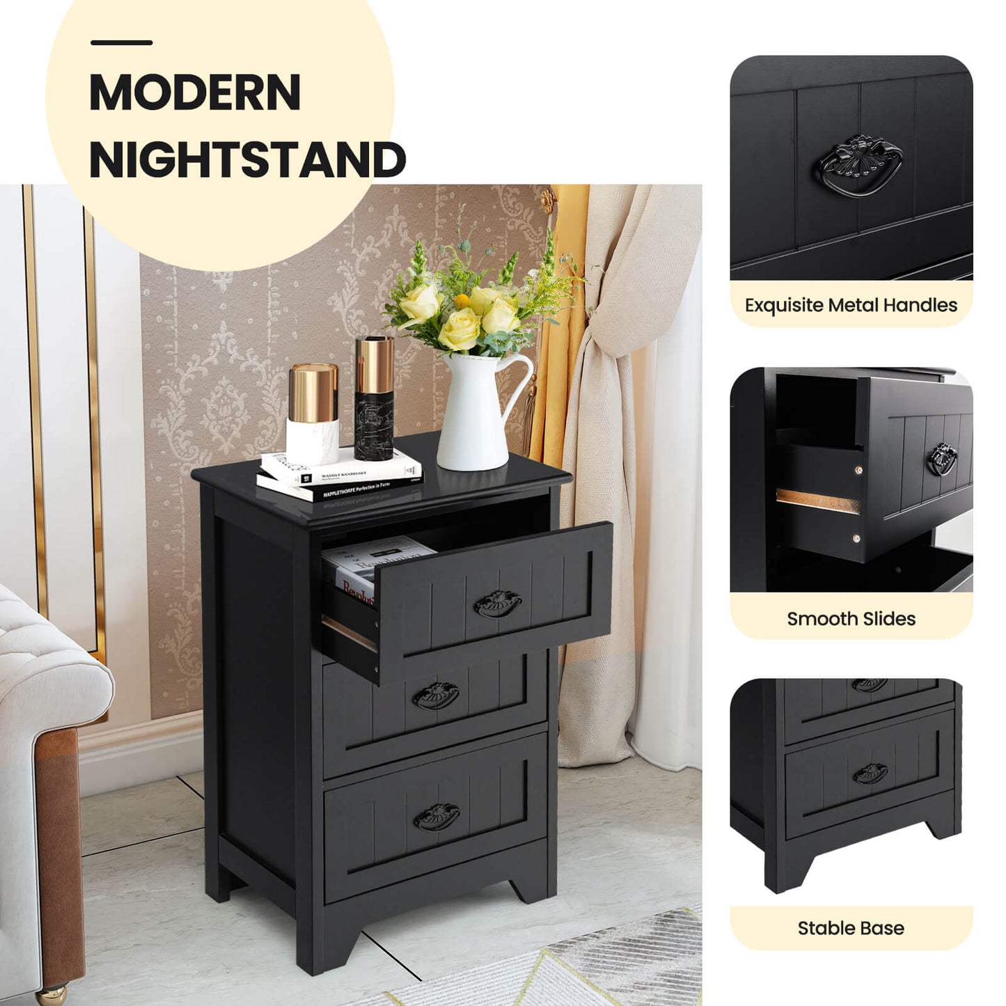 3-Tier Vintage Nightstand with Exquisite Metal Handles-White