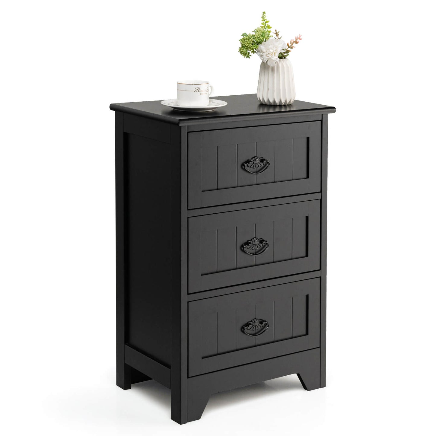 3-Tier Vintage Nightstand with Exquisite Metal Handles-White