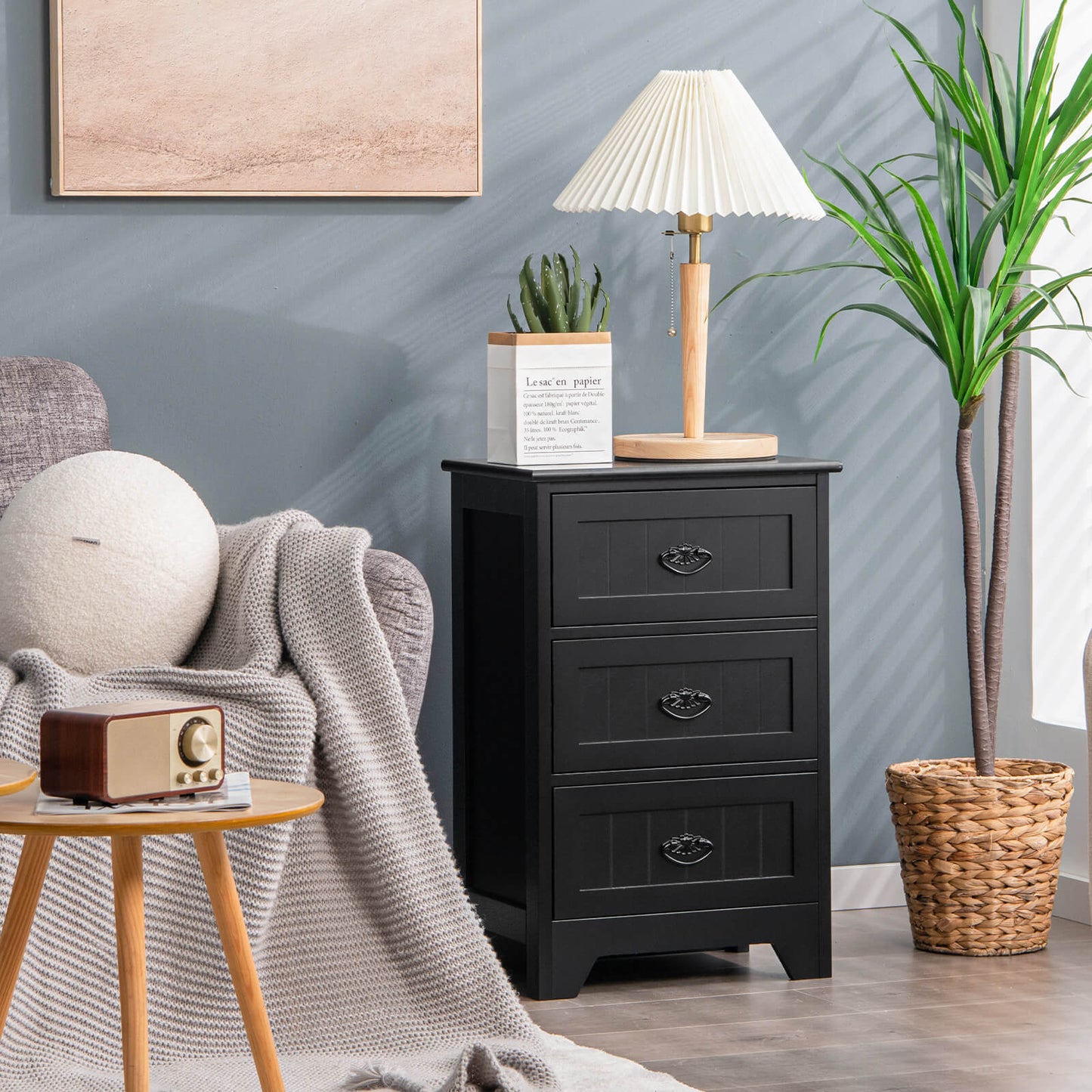 3-Tier Vintage Nightstand with Exquisite Metal Handles-White