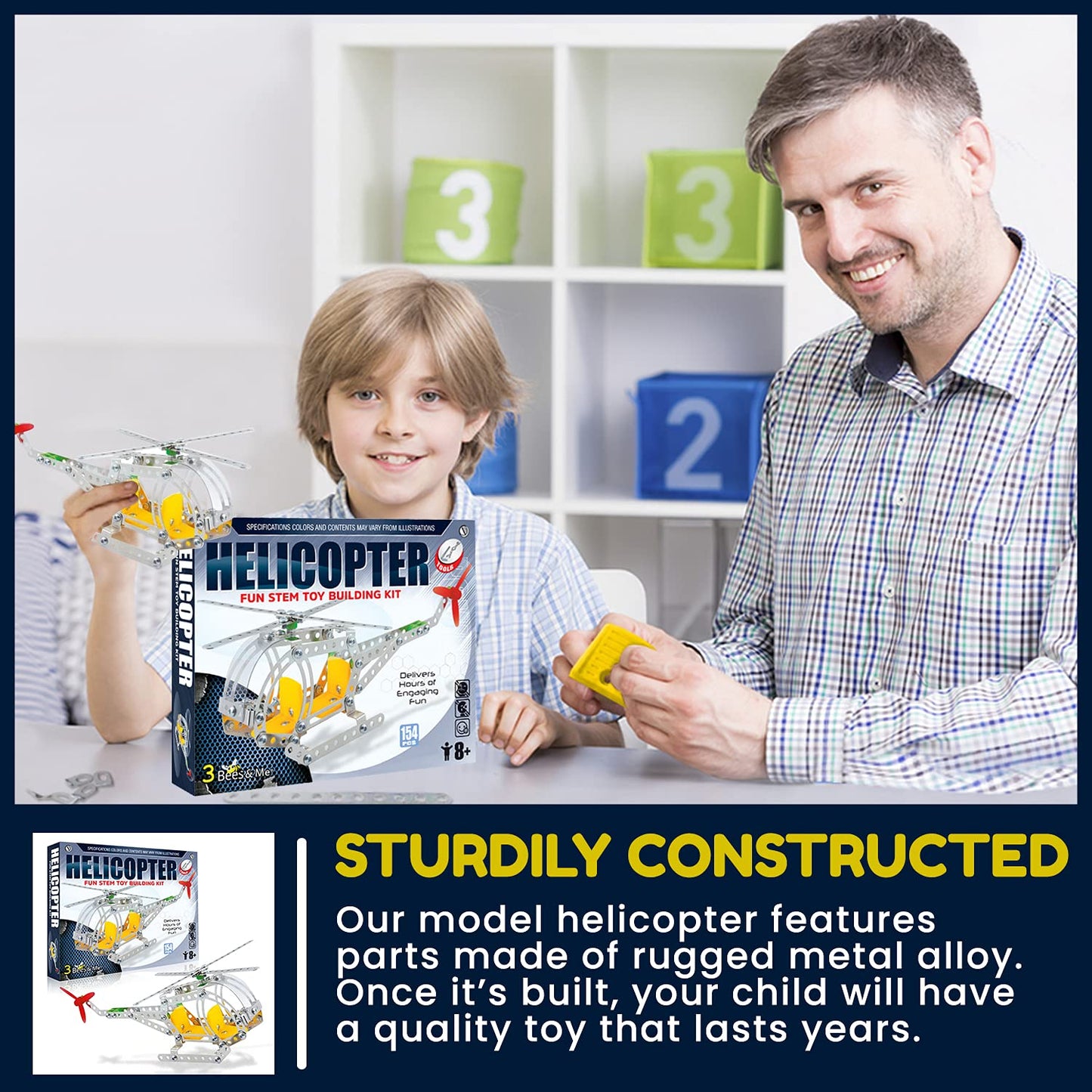 3 Bees & Me Metal Helicopter Erector Set – STEM Building Kit for Kids & Adults