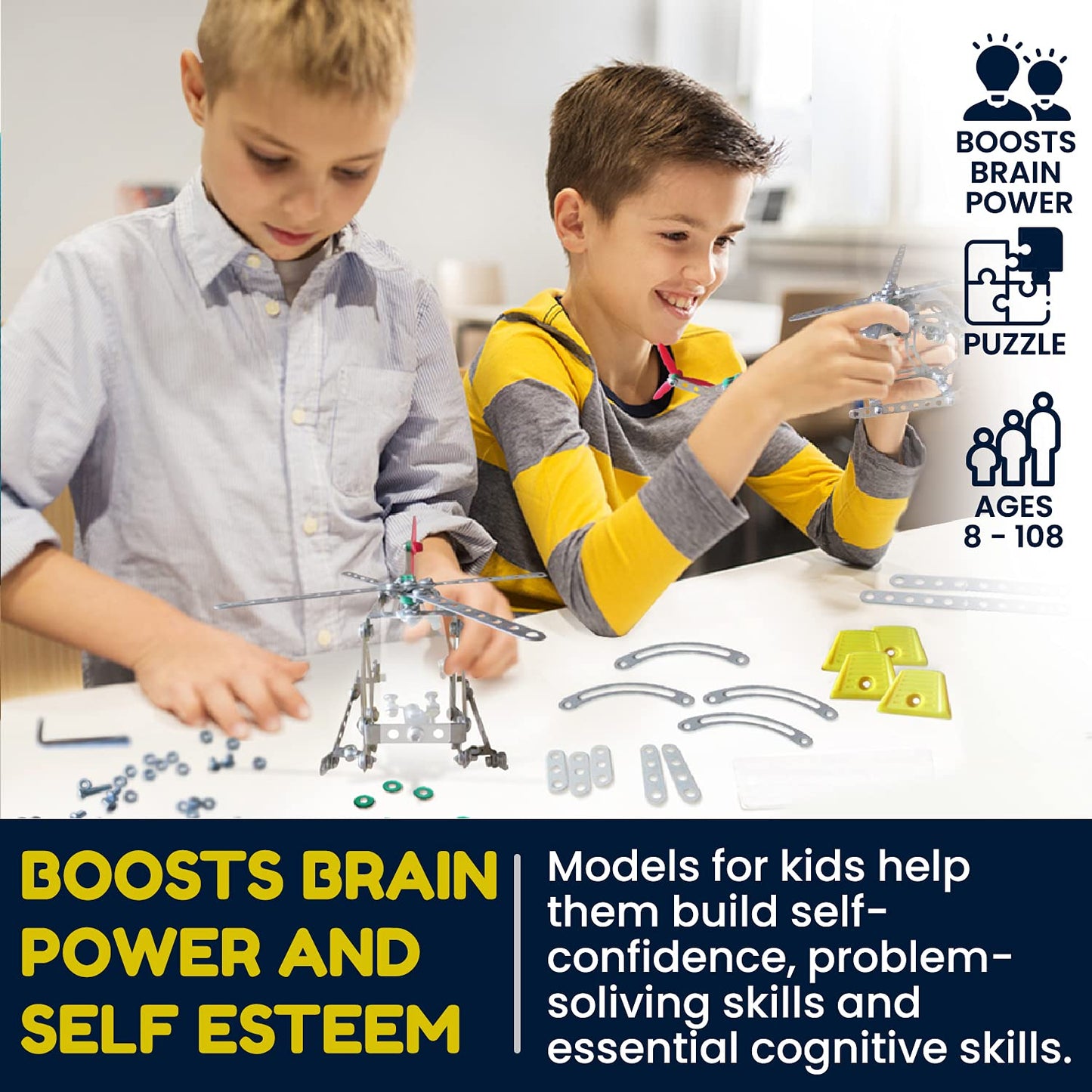 3 Bees & Me Metal Helicopter Erector Set – STEM Building Kit for Kids & Adults
