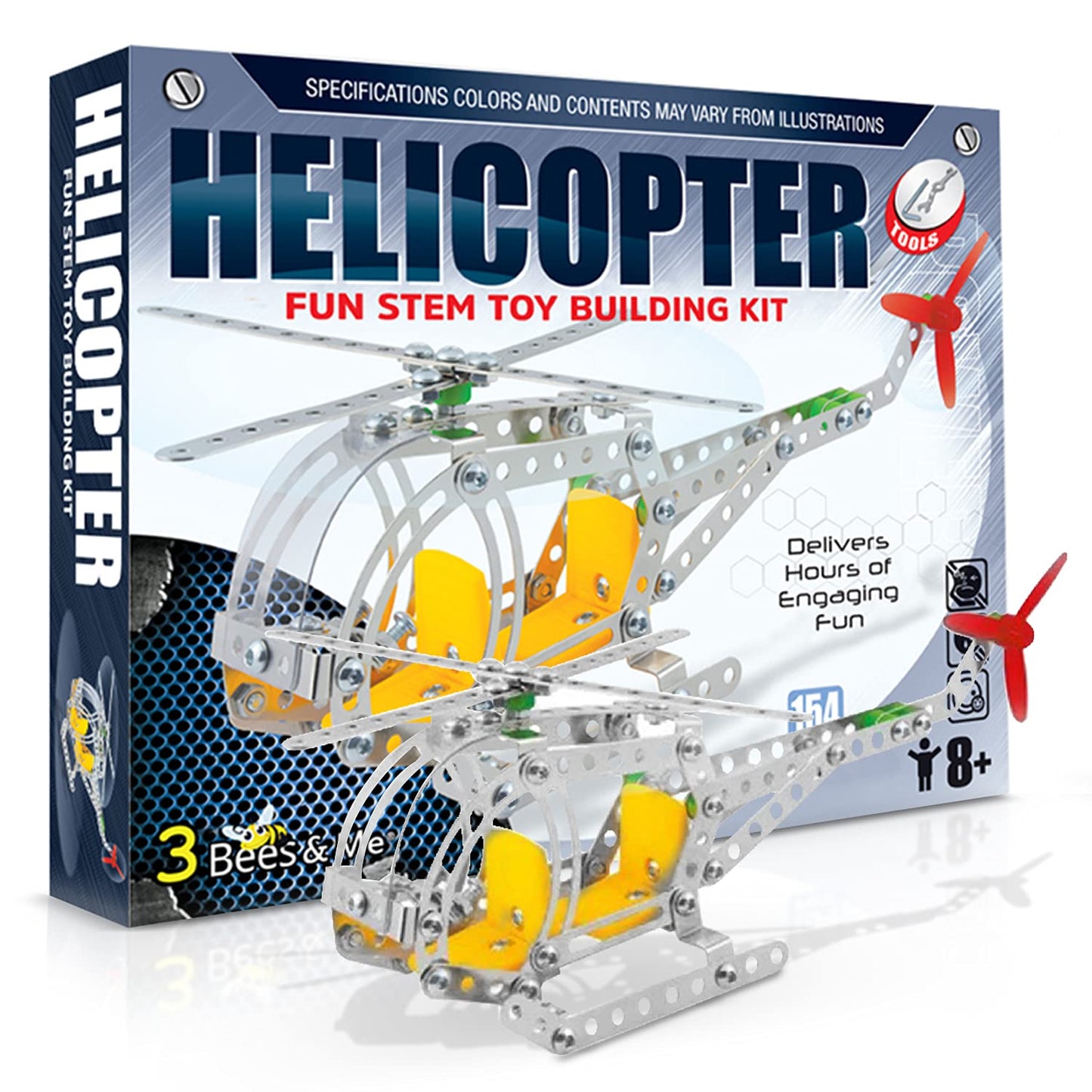 3 Bees & Me Metal Helicopter Erector Set – STEM Building Kit for Kids & Adults