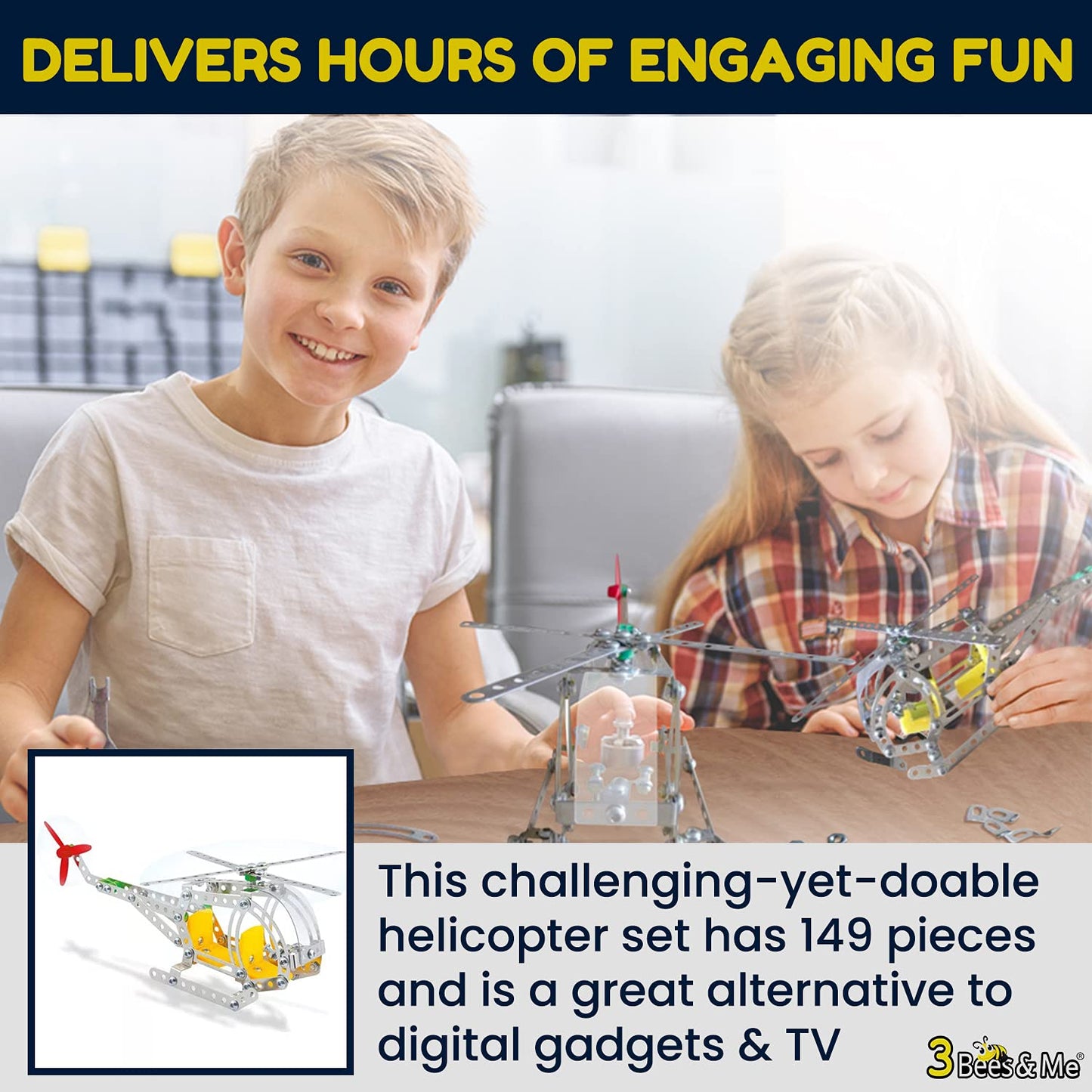 3 Bees & Me Metal Helicopter Erector Set – STEM Building Kit for Kids & Adults