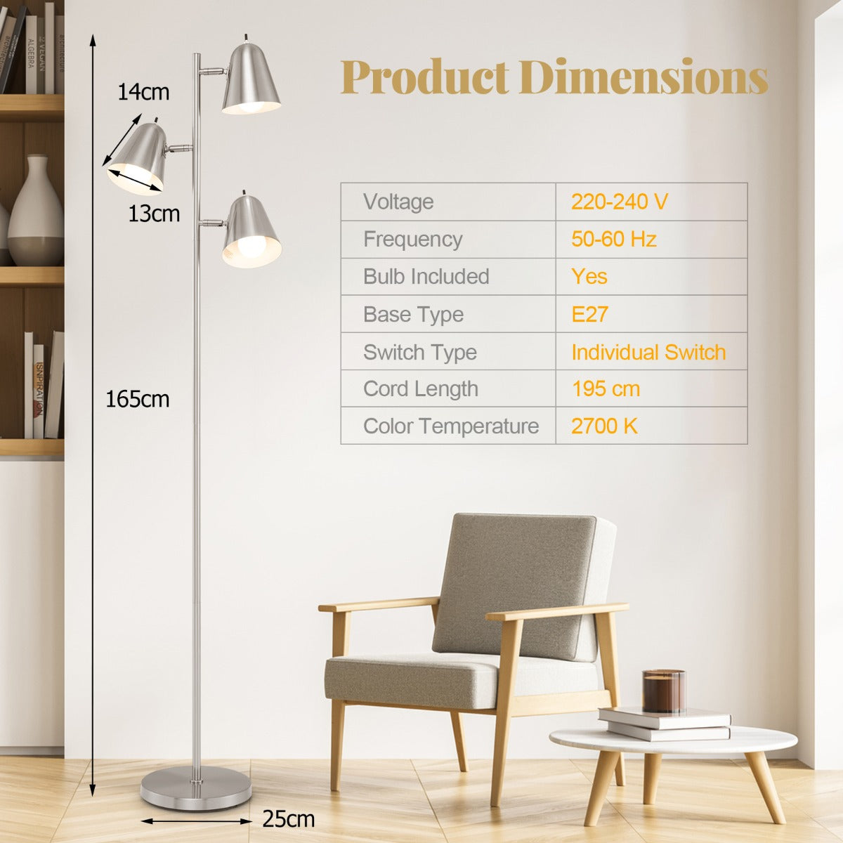 3-Bulb Floor Lamp with 3 E26 A19 Bulbs and Adjustable Lampshades-Golden