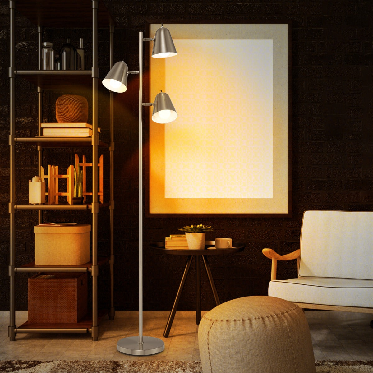 3-Bulb Floor Lamp with 3 E26 A19 Bulbs and Adjustable Lampshades-Golden