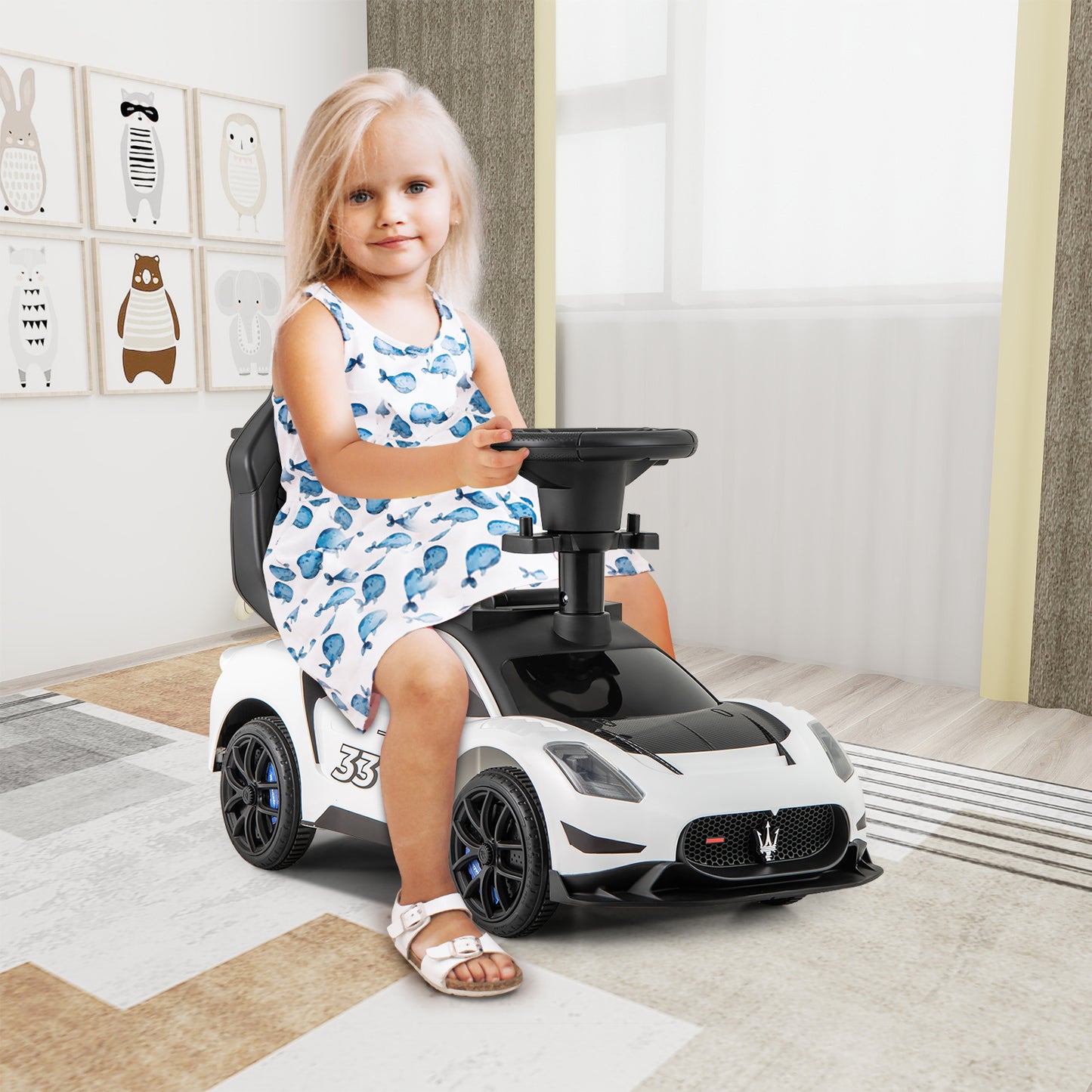 3-in-1 Ride on Push Car with 2 Universal Wheels, Music Steering, Guardrail and Handlebar-Pink