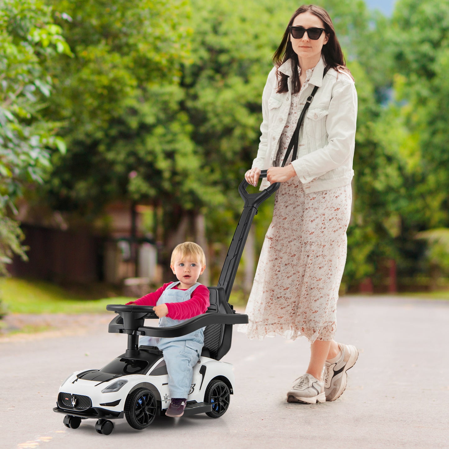 3-in-1 Ride on Push Car with 2 Universal Wheels, Music Steering, Guardrail and Handlebar-Pink