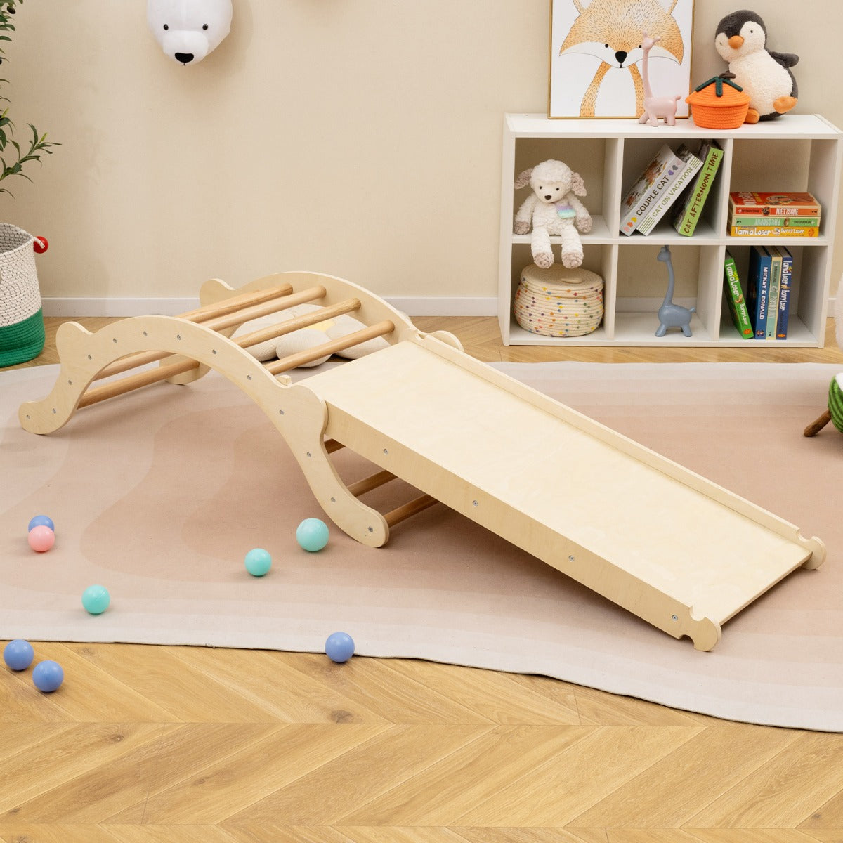 3-In-1 Wooden Climber with Ramp Toddler Climber Arch-Multicolor