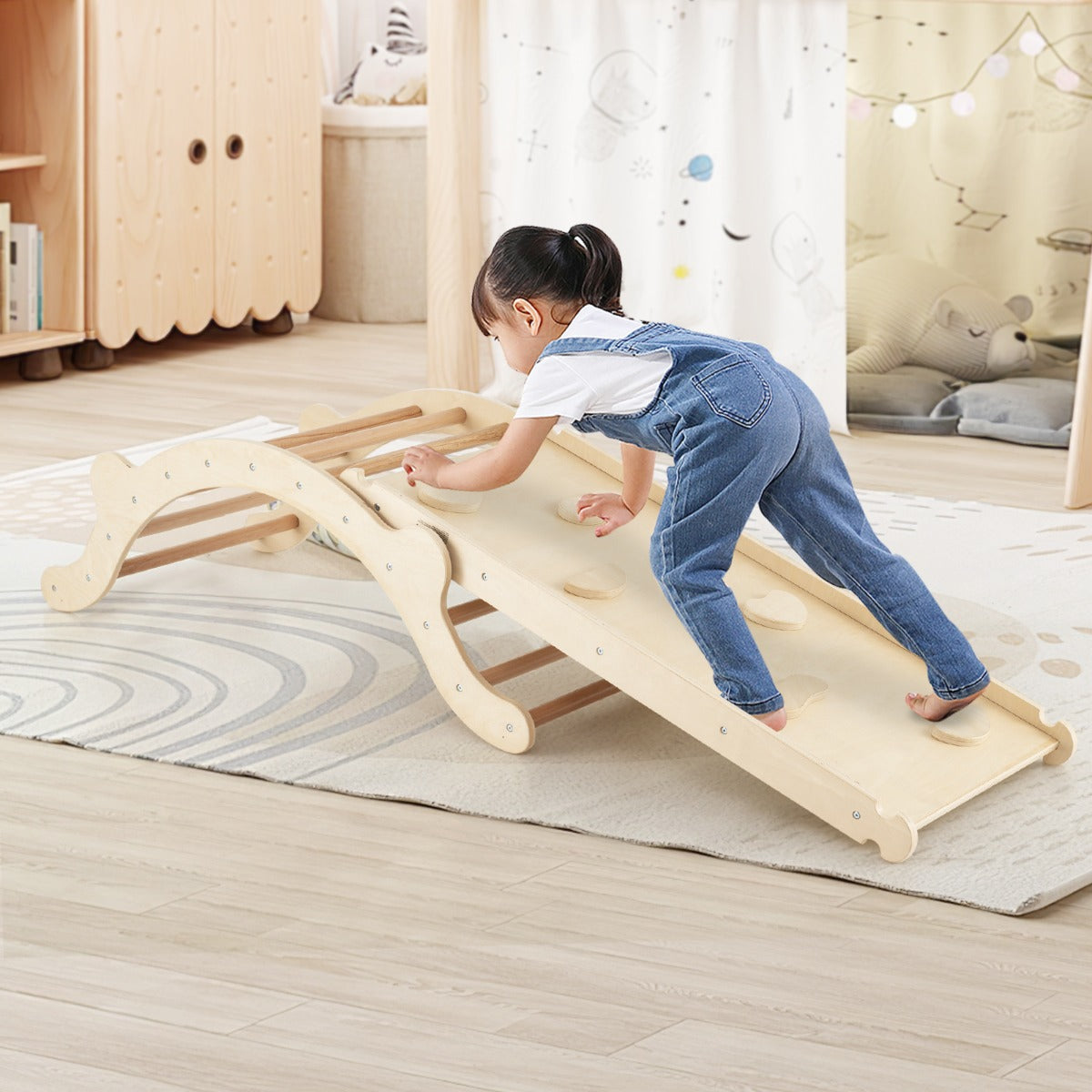 3-In-1 Wooden Climber with Ramp Toddler Climber Arch-Multicolor