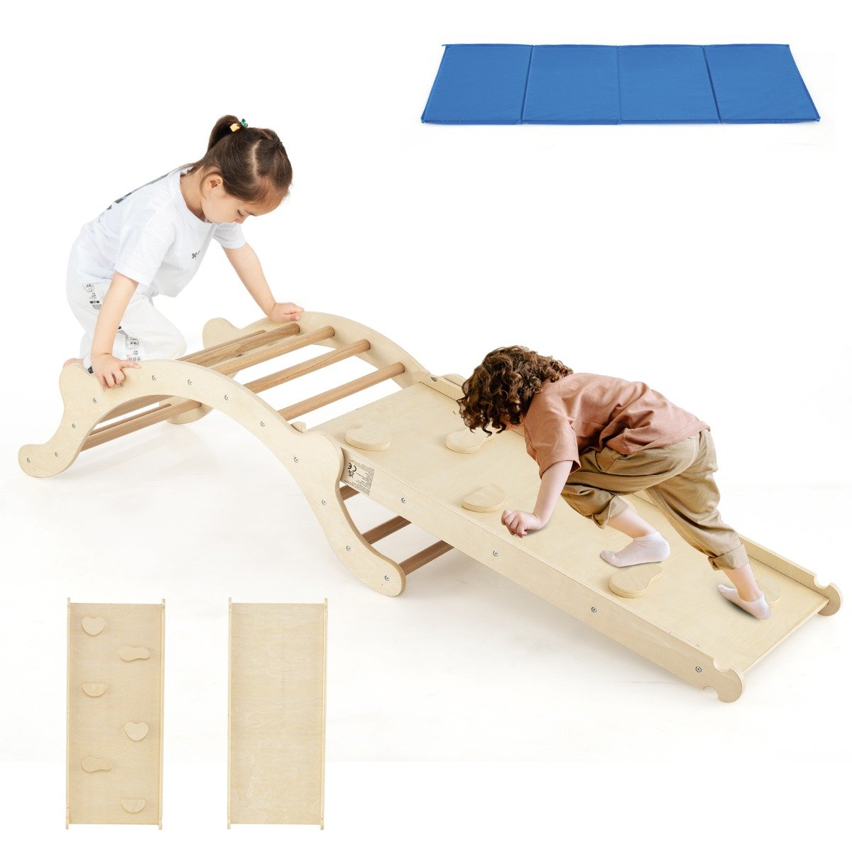 3-In-1 Wooden Climber with Ramp Toddler Climber Arch-Multicolor