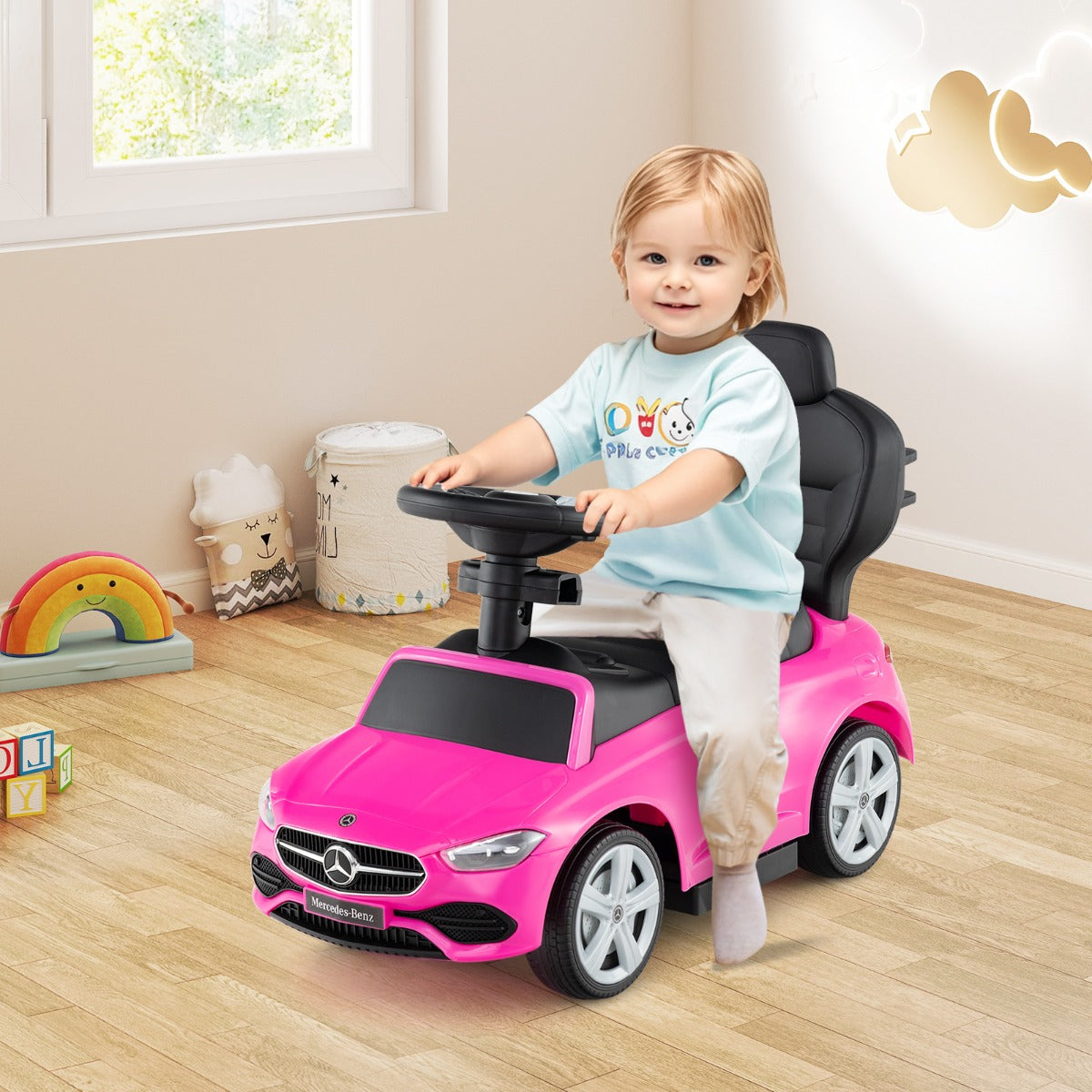 3-in-1 Ride on Push Car with Adjustable Canopy and Steering Push Bar-Black