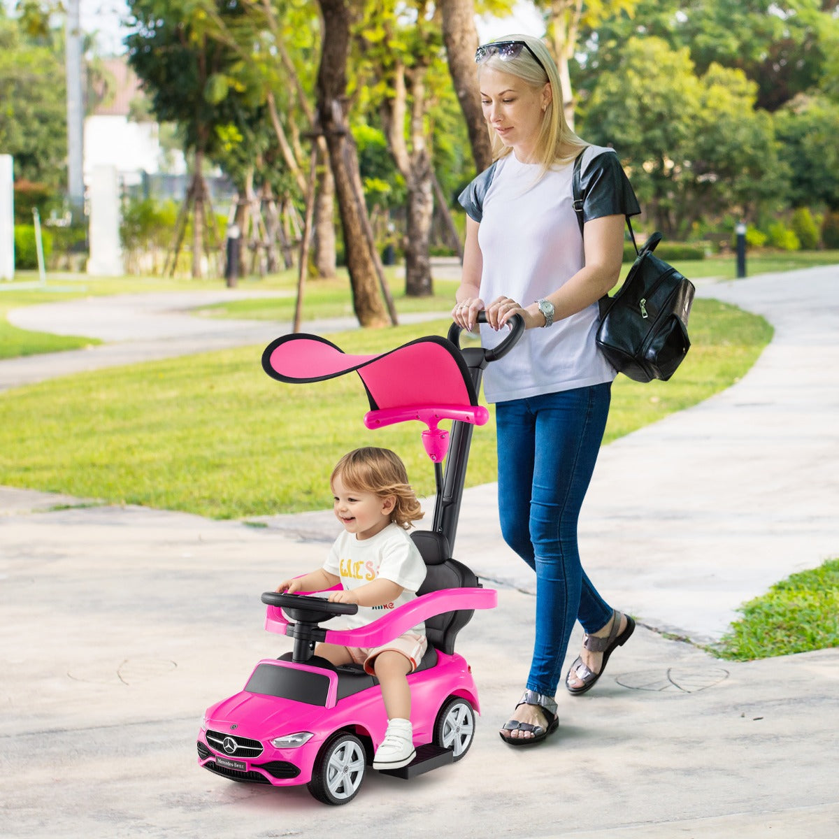 3-in-1 Ride on Push Car with Adjustable Canopy and Steering Push Bar-Black
