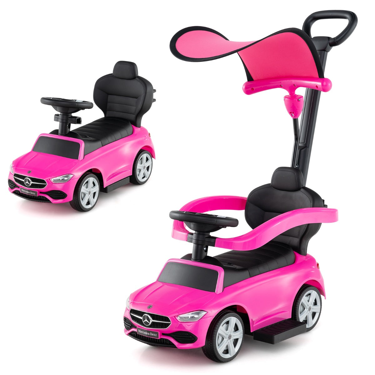 3-in-1 Ride on Push Car with Adjustable Canopy and Steering Push Bar-Black