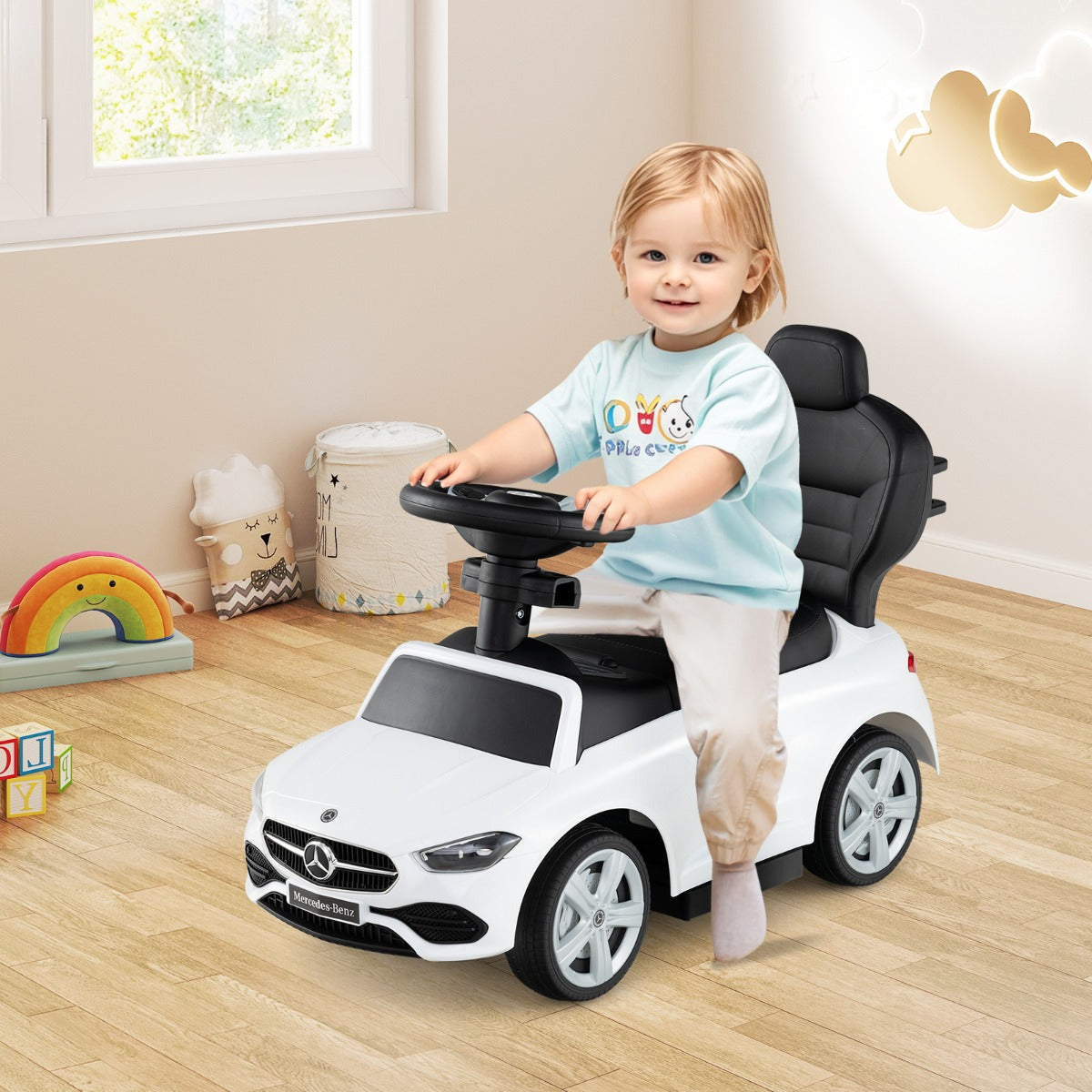3-in-1 Ride on Push Car with Adjustable Canopy and Steering Push Bar-Black