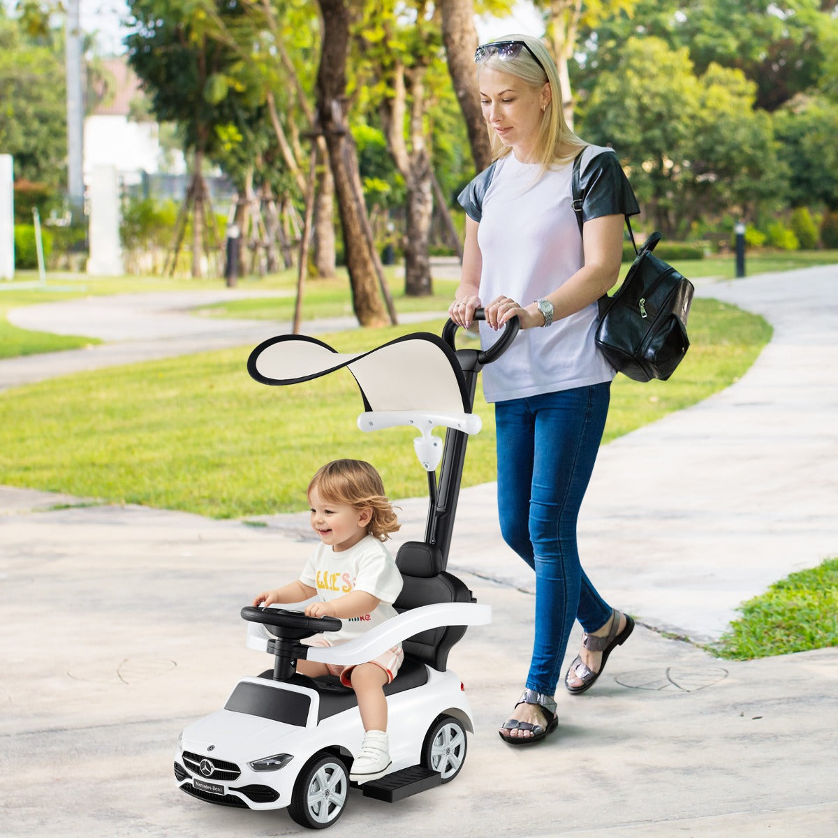 3-in-1 Ride on Push Car with Adjustable Canopy and Steering Push Bar-Black