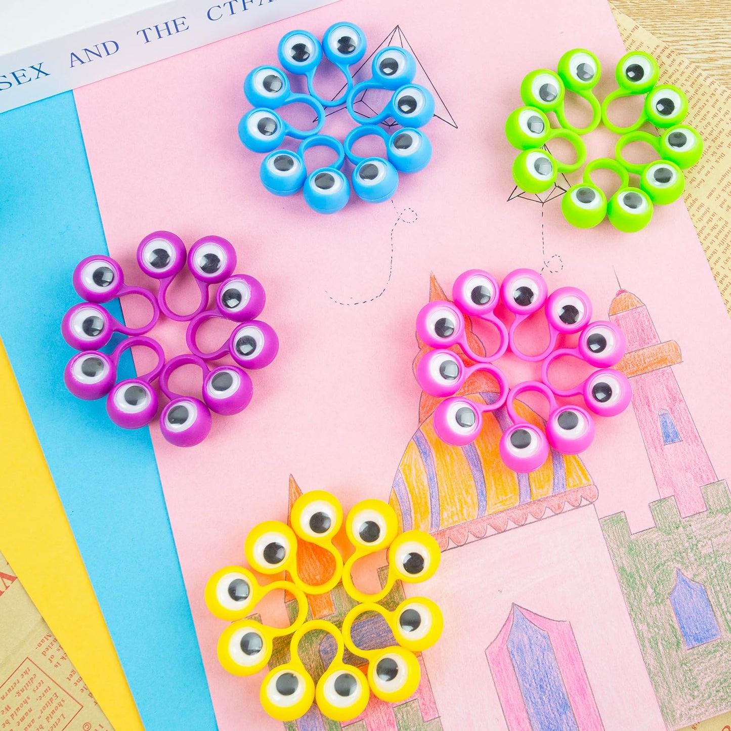 3 Otters 48PCS Eyeball Ring Finger Puppets – Colorful Eye Monster Rings for Kids