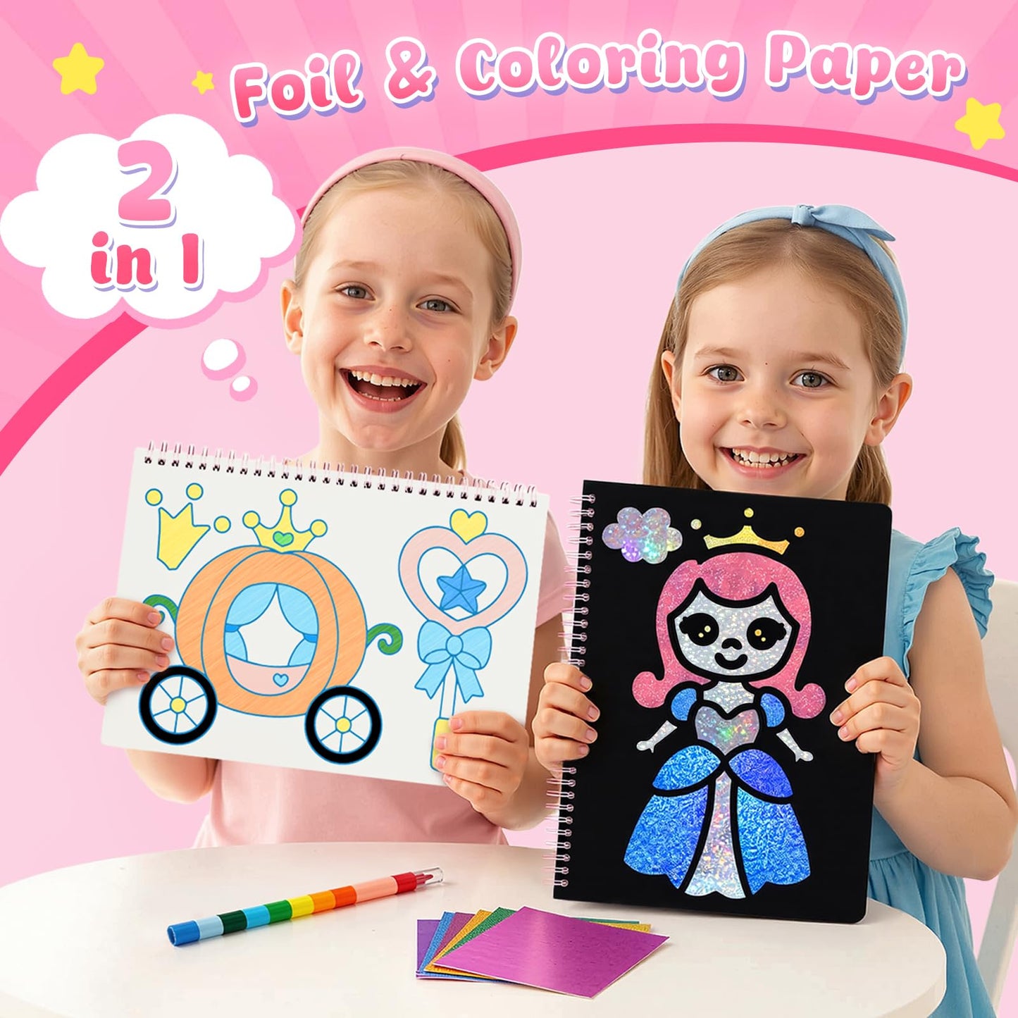 3 Otters Foil Fun Art Kit - Princess Crafts for Kids | Travel Spiral Coloring & DIY Gift
