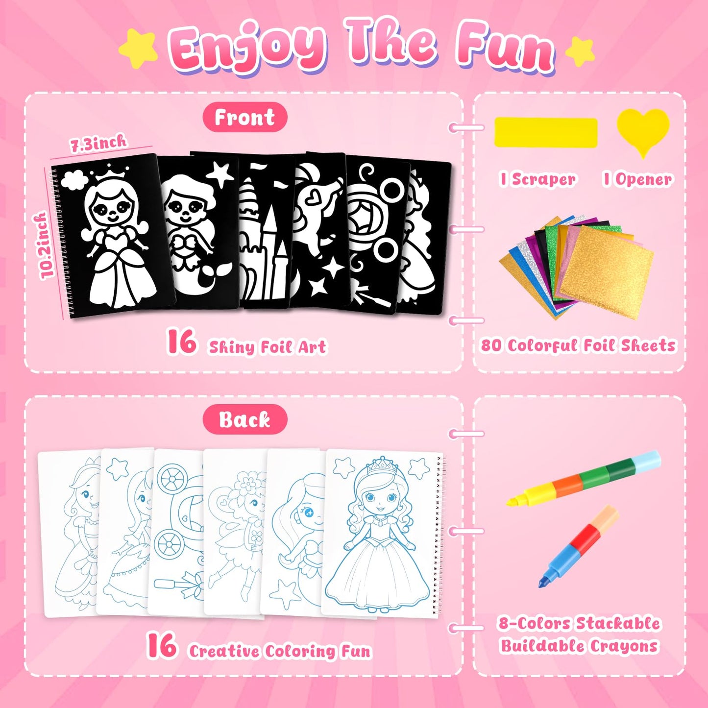 3 Otters Foil Fun Art Kit - Princess Crafts for Kids | Travel Spiral Coloring & DIY Gift