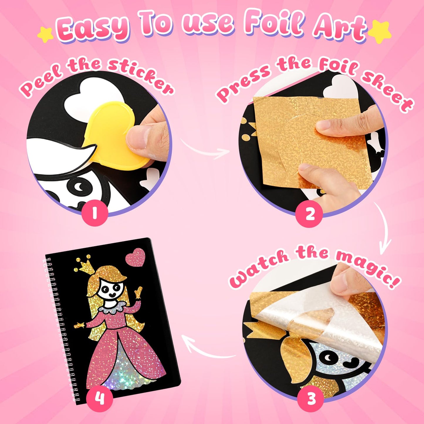 3 Otters Foil Fun Art Kit - Princess Crafts for Kids | Travel Spiral Coloring & DIY Gift