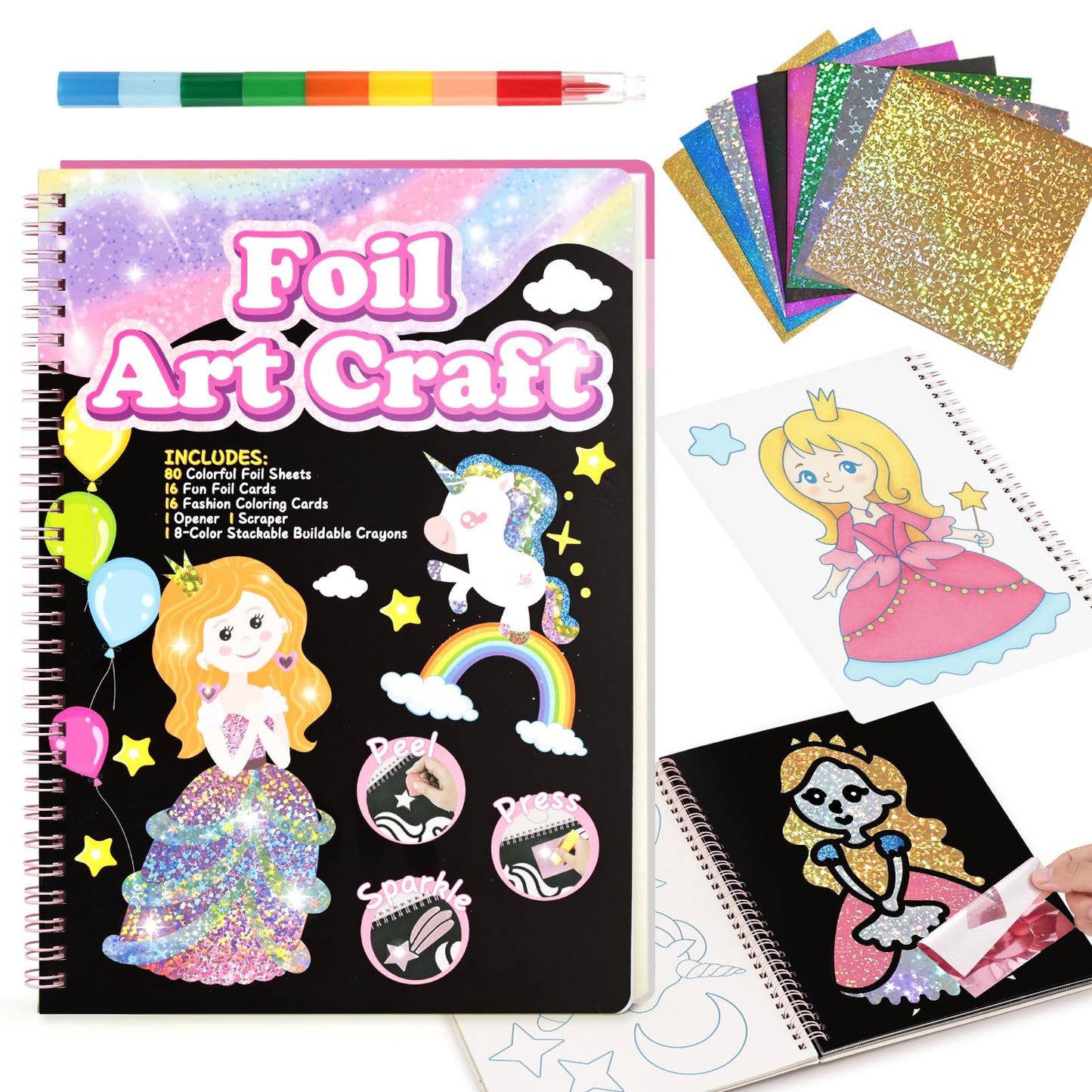 3 Otters Foil Fun Art Kit - Princess Crafts for Kids | Travel Spiral Coloring & DIY Gift
