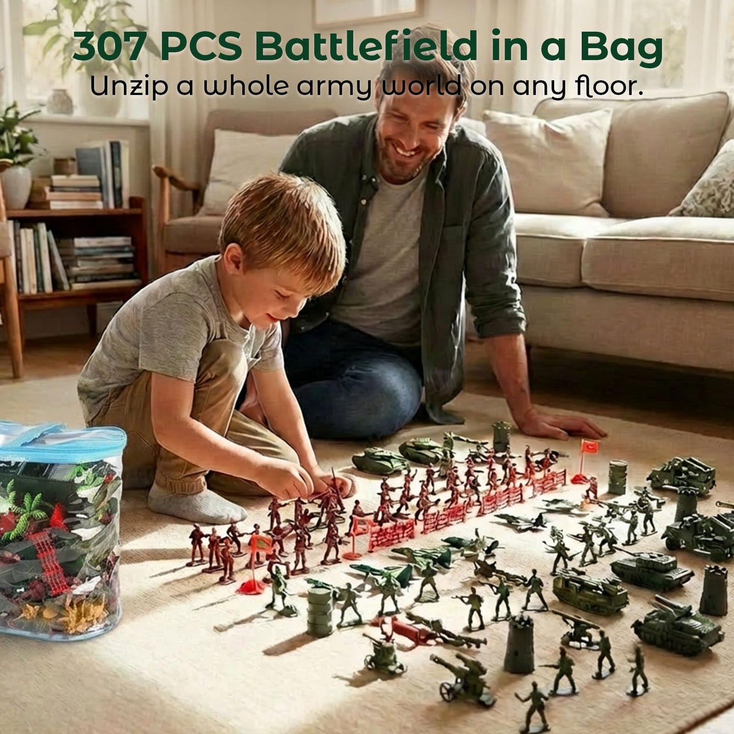 3 Otters 307-Piece Army Men Set – Plastic Soldiers, Vehicles & Storage Bag