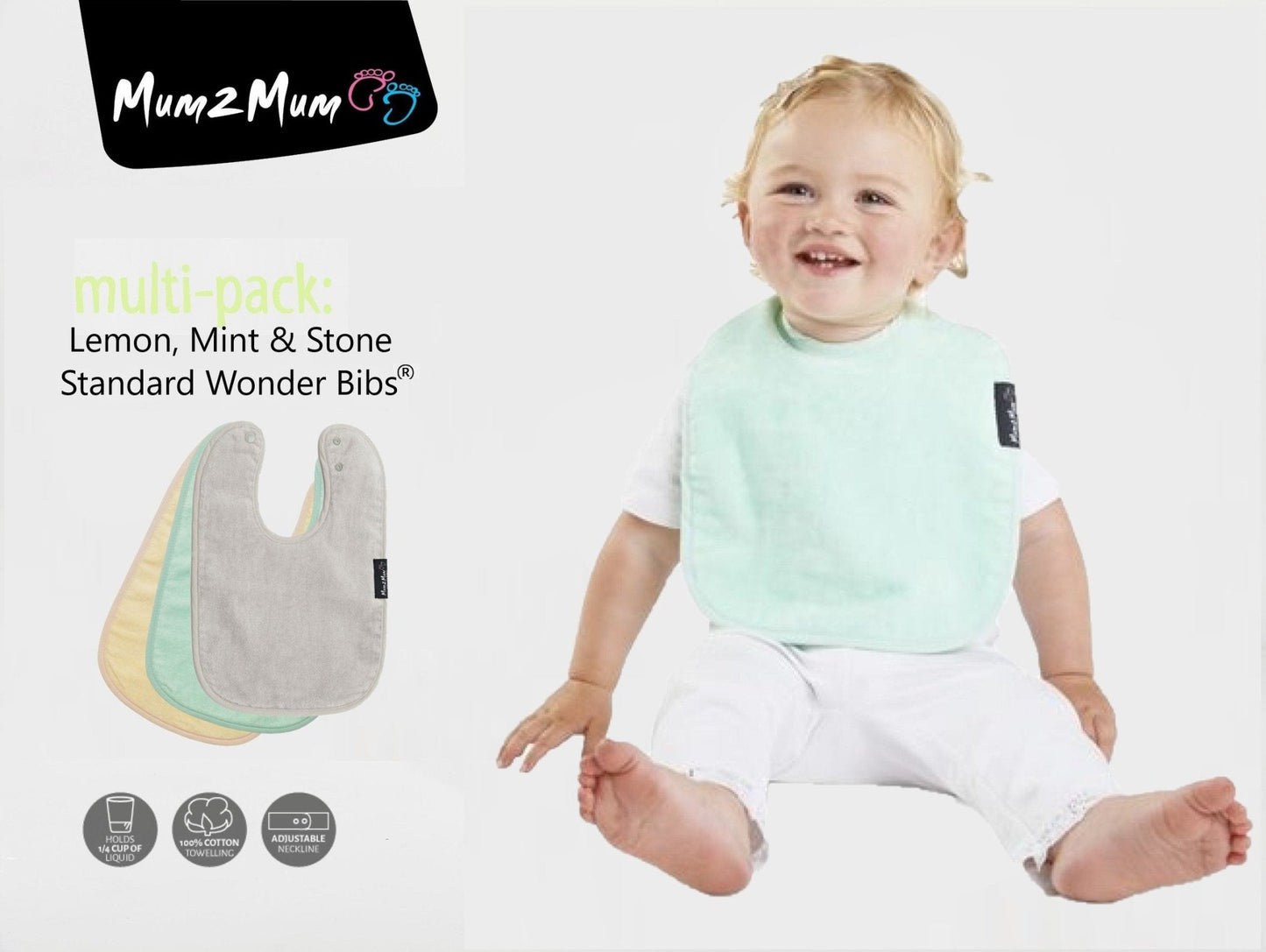 3 PACK - Mum 2 Mum Standard Wonder Bibs - Lemon / Mint / Stone