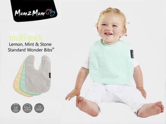 3 PACK - Mum 2 Mum Standard Wonder Bibs - Lemon / Mint / Stone