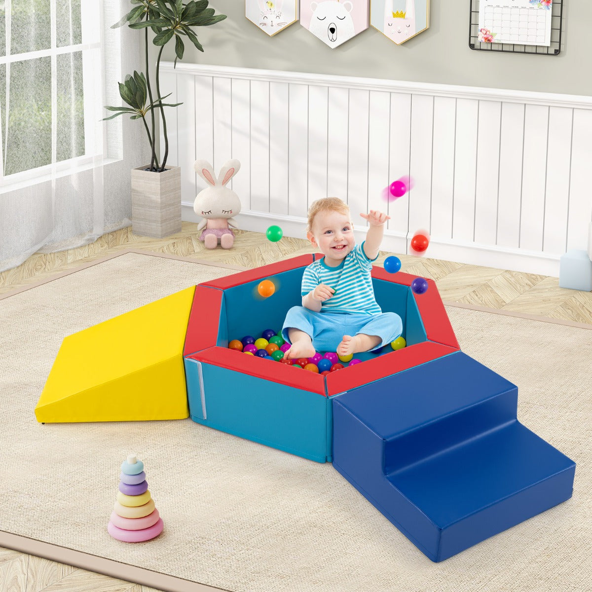 3-Piece Baby Foam Climbing Blocks Set with Ball Pit and Balls-Blue