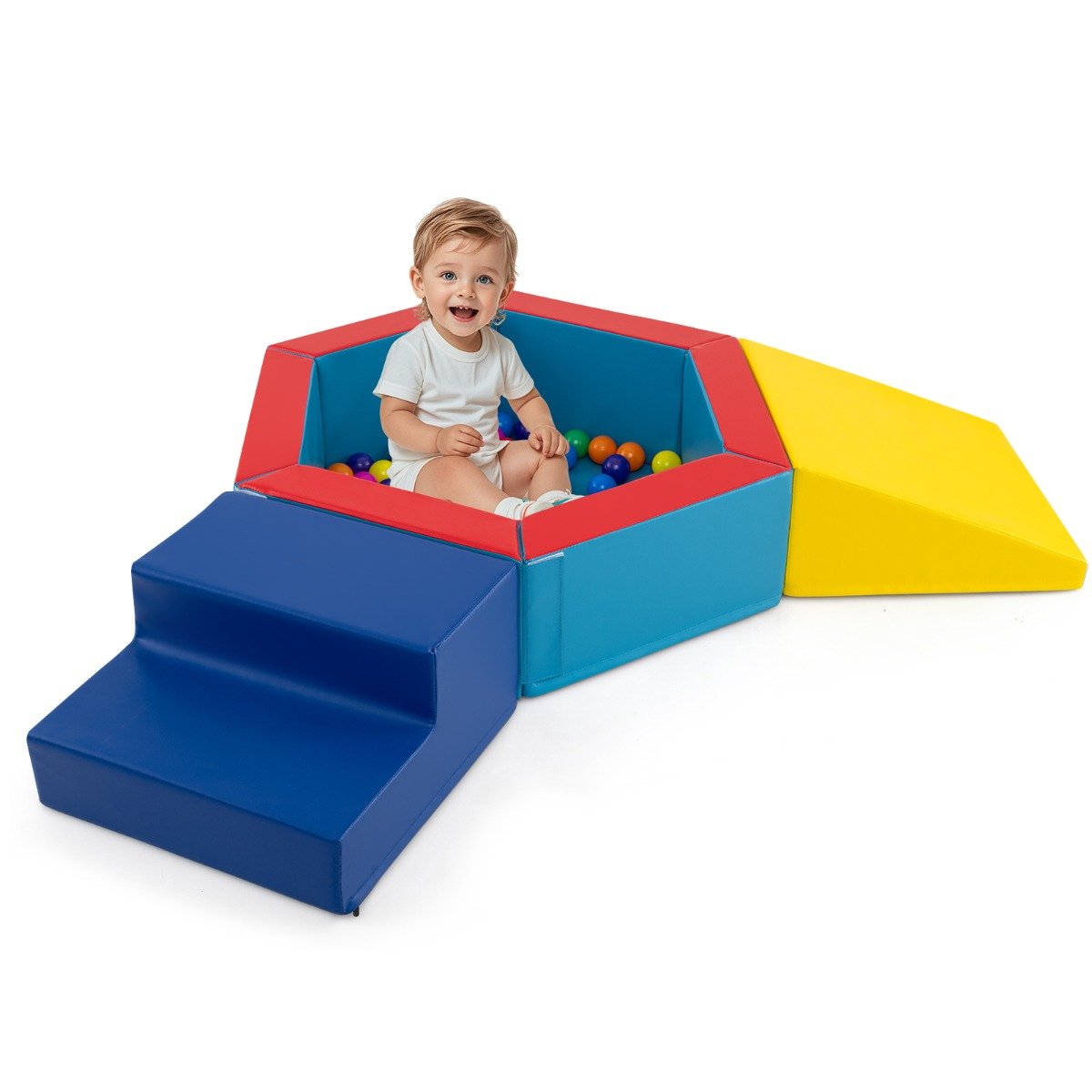 3-Piece Baby Foam Climbing Blocks Set with Ball Pit and Balls-Blue