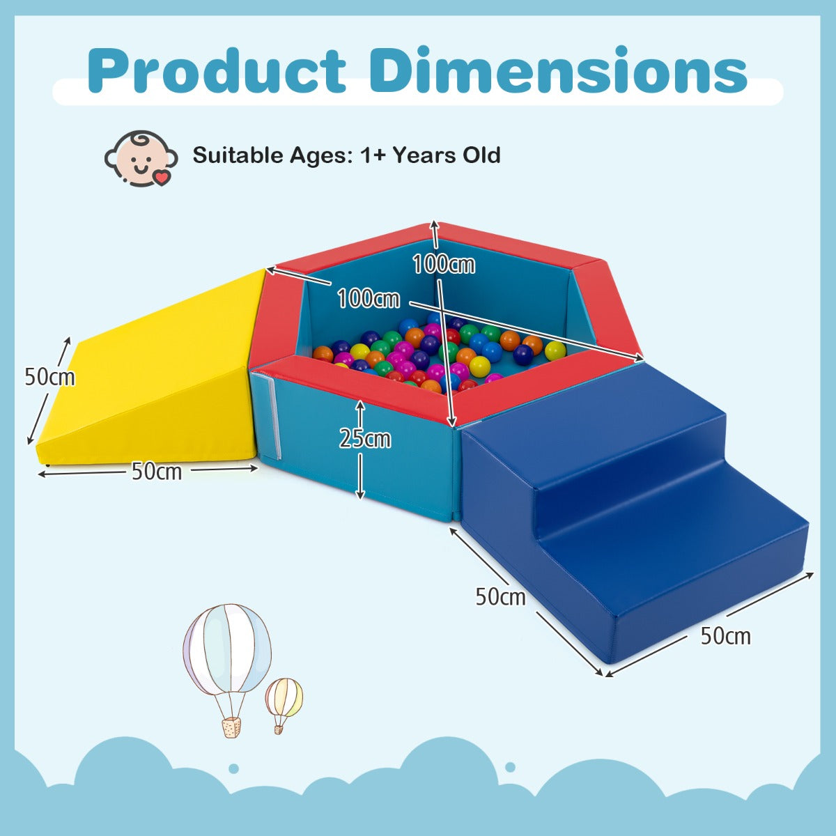 3-Piece Baby Foam Climbing Blocks Set with Ball Pit and Balls-Blue