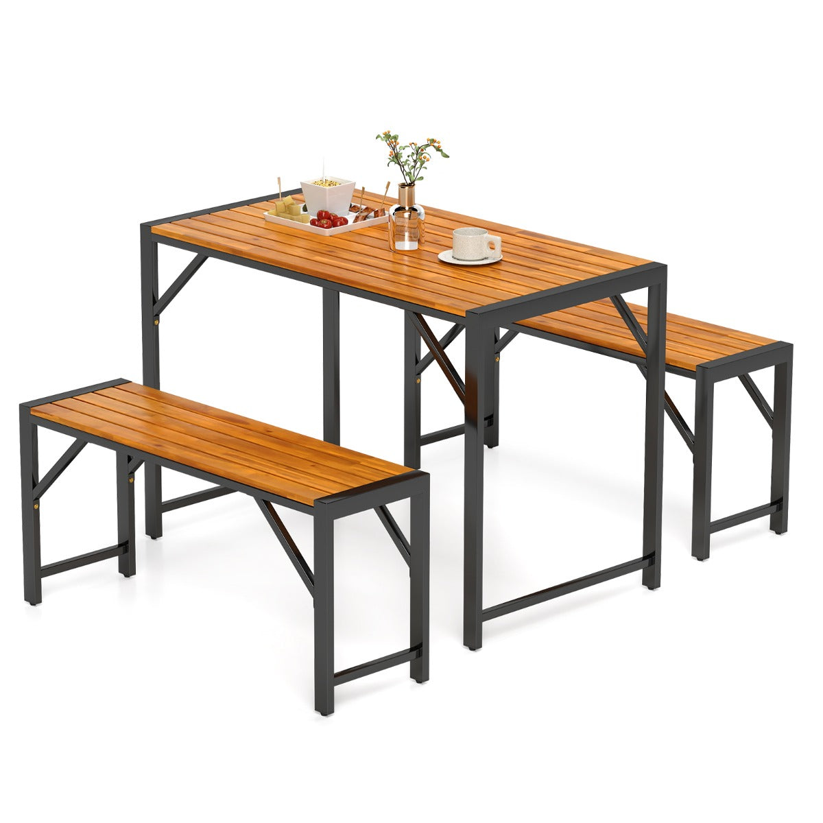 3-Pieces Patio Dining Set with Outdoor Picnic Table and 2 Benches for 4 People