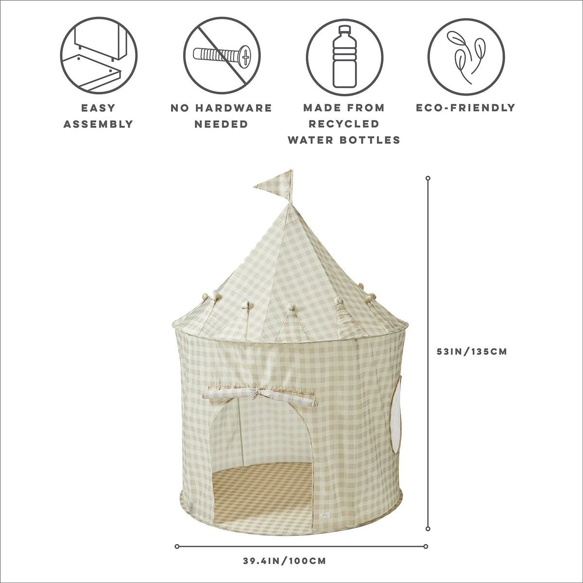 3 Sprouts Kids Play Tent - Sustainable Recycled Fabric, Spacious Indoor Playhouse (Ages 3-10) - Gingham Beige
