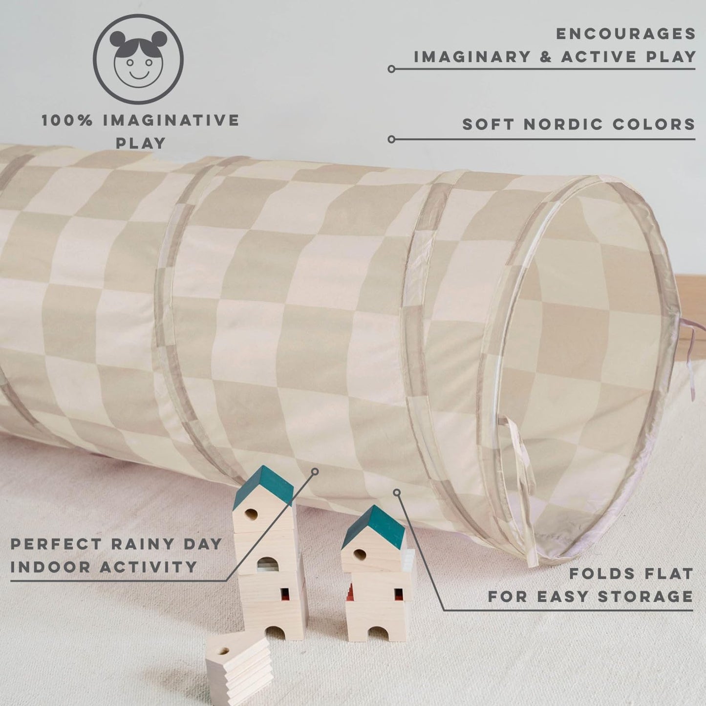 3 Sprouts Kids Play Tunnel - Pop Up Collapsible Indoor Tunnel (Checkered Beige)