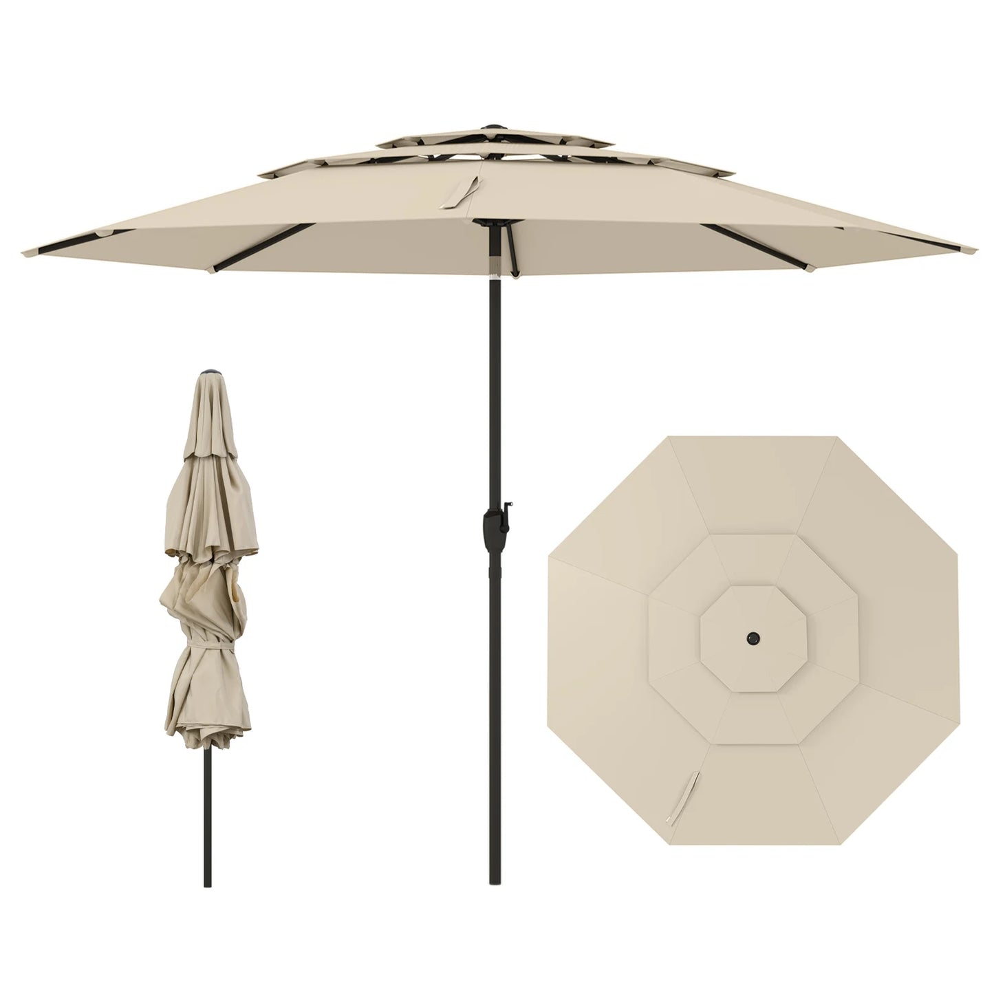 295 cm 3-tier Vented Patio Large Market Table Umbrella with Push Button Tilt-Beige