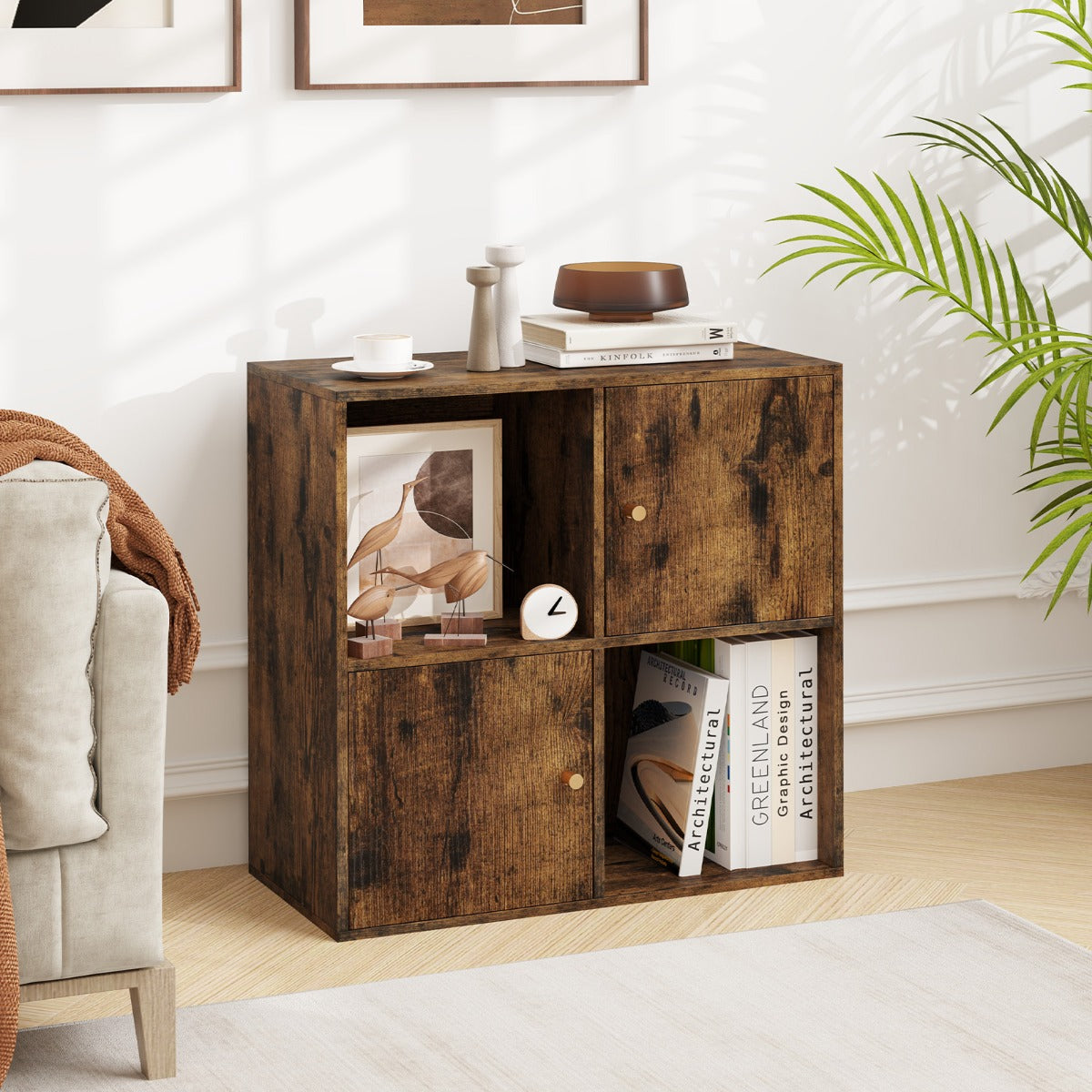 3-Tier Bookshelf with Dual Anti-Tipping Kits and 2 Cabinets-Grey
