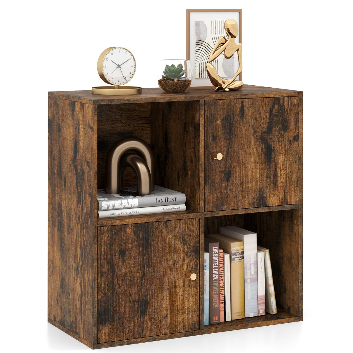 3-Tier Bookshelf with Dual Anti-Tipping Kits and 2 Cabinets-Grey