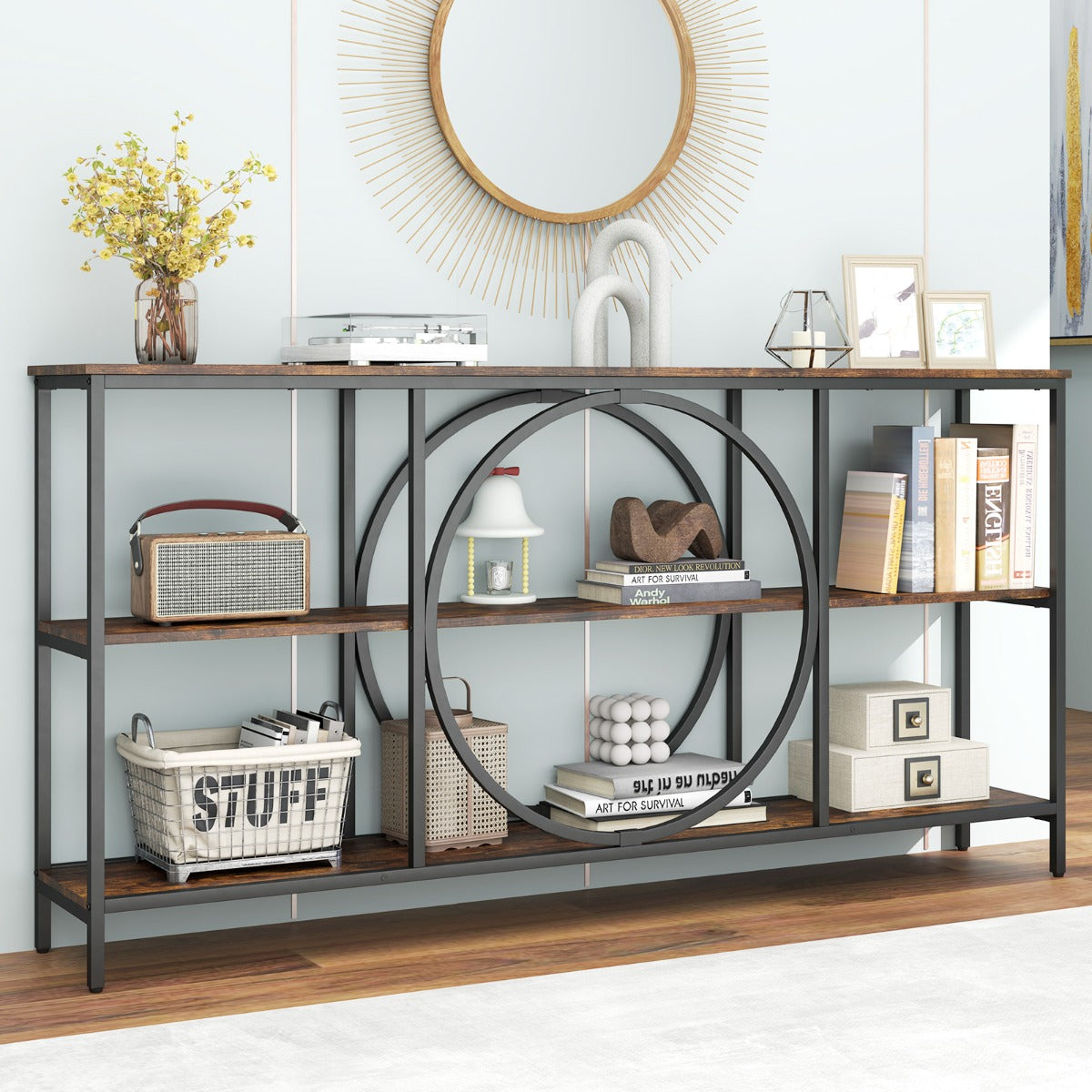 3-Tier Console Table with Faux Wood Grain Top-Rustic Brown