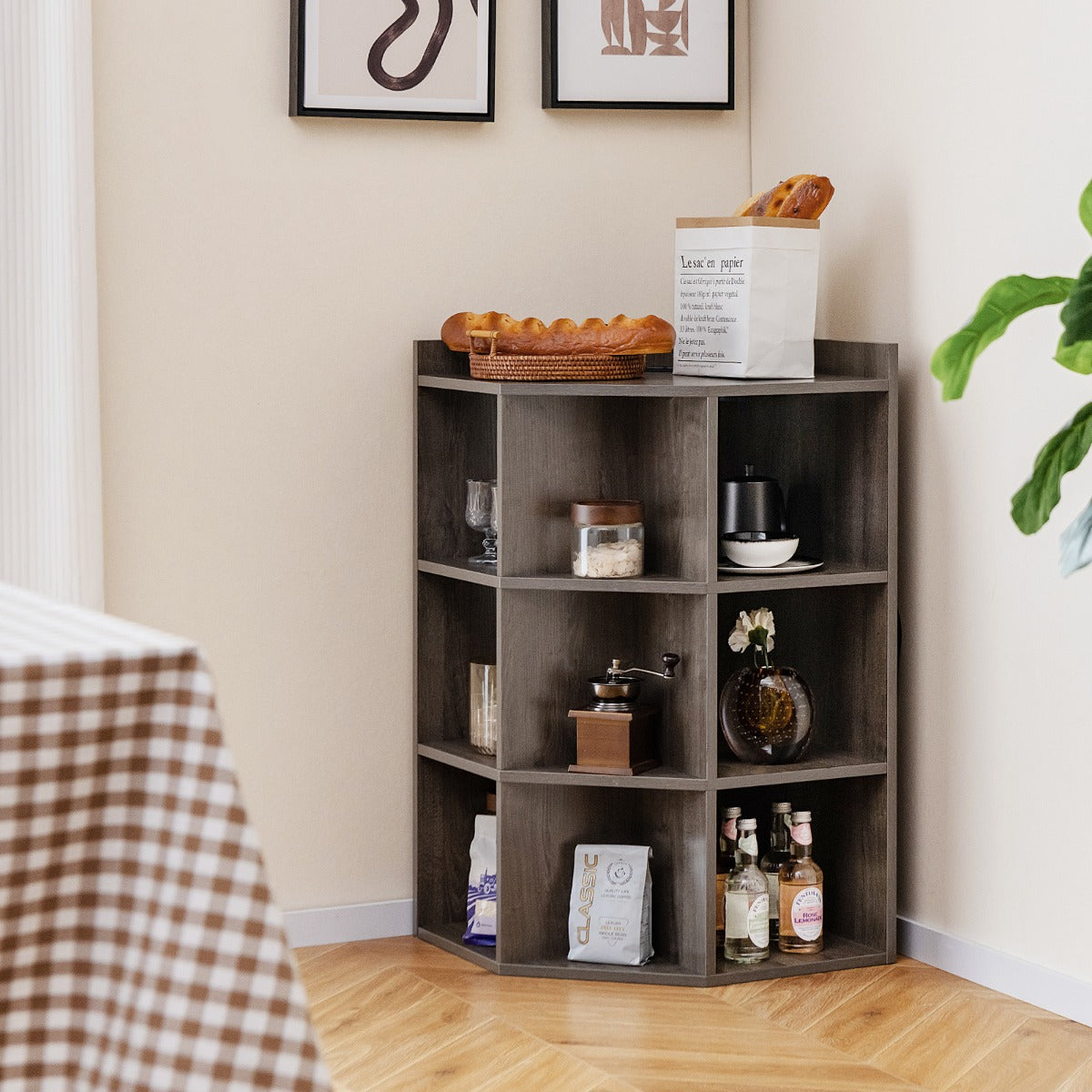 3-Tier Corner Cabinet with Charging Station and 9 Cubbies-Grey