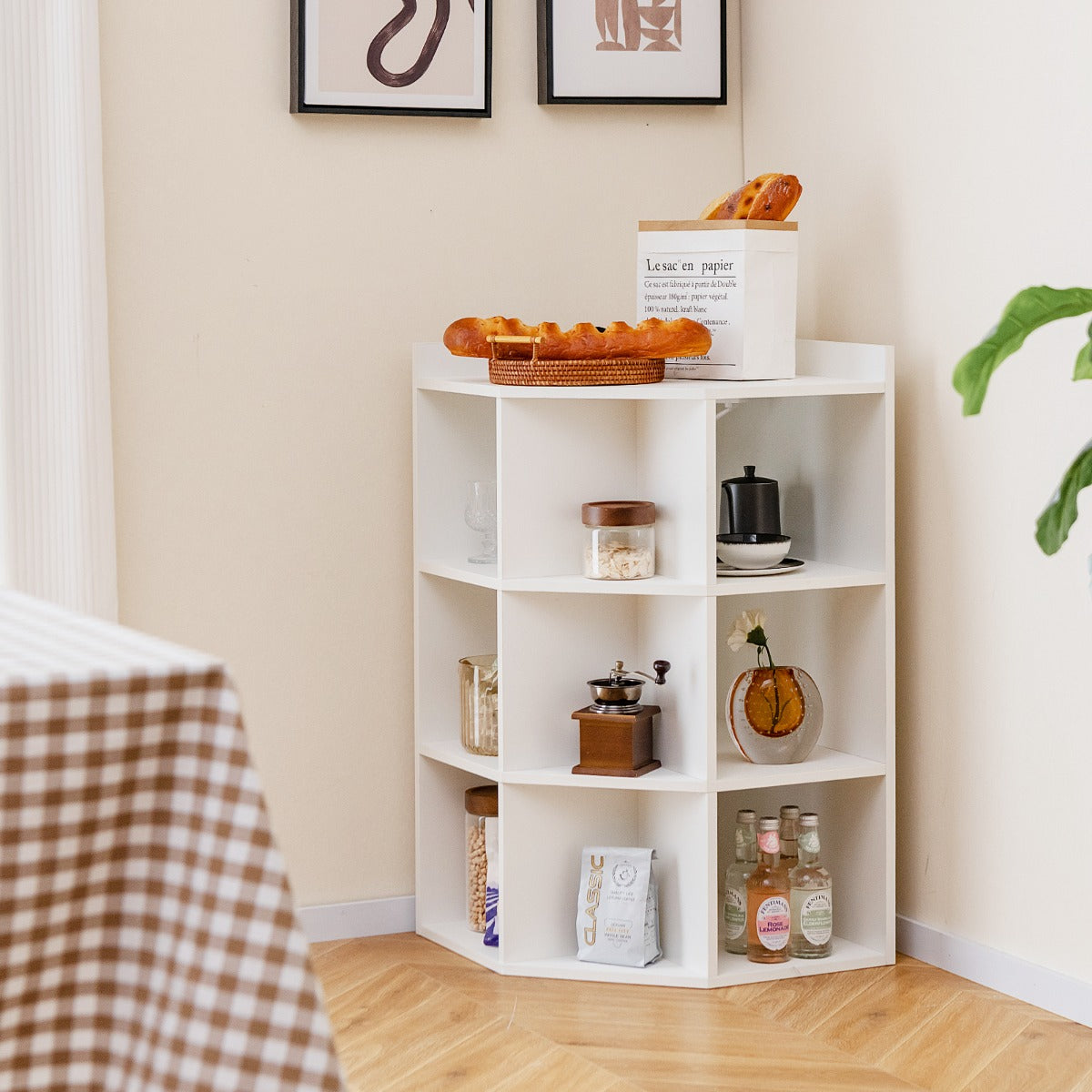 3-Tier Corner Cabinet with Charging Station and 9 Cubbies-Grey